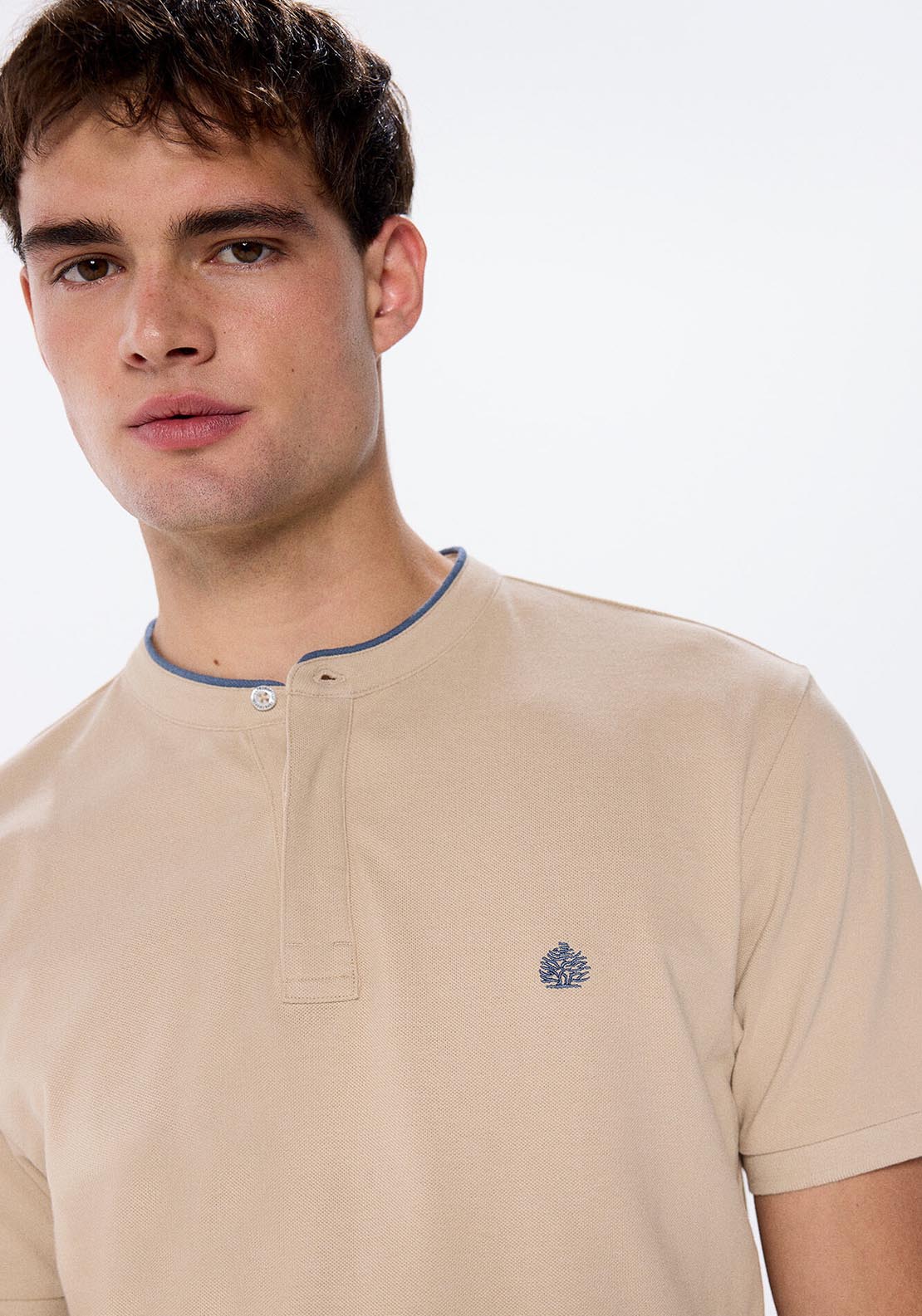 Springfield Regular fit mandarin collar piqué polo shirt - Sand 3 Shaws Department Stores