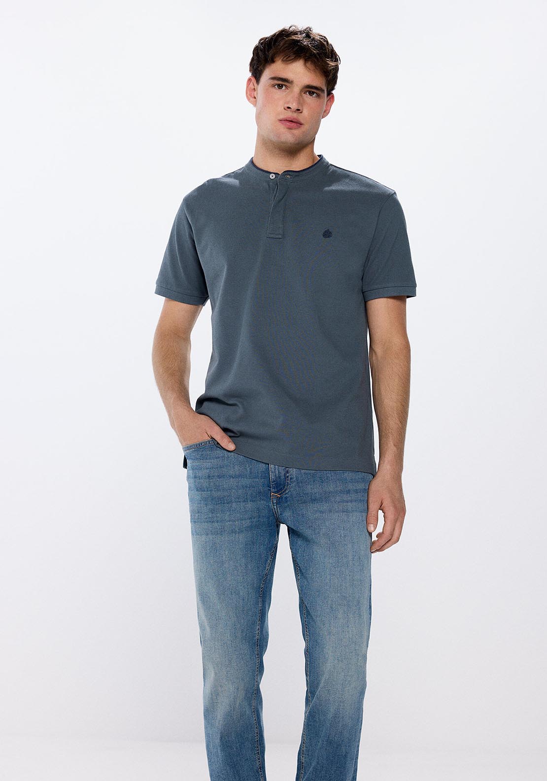 Springfield Regular fit mandarin collar piqué polo shirt - Blue 2 Shaws Department Stores