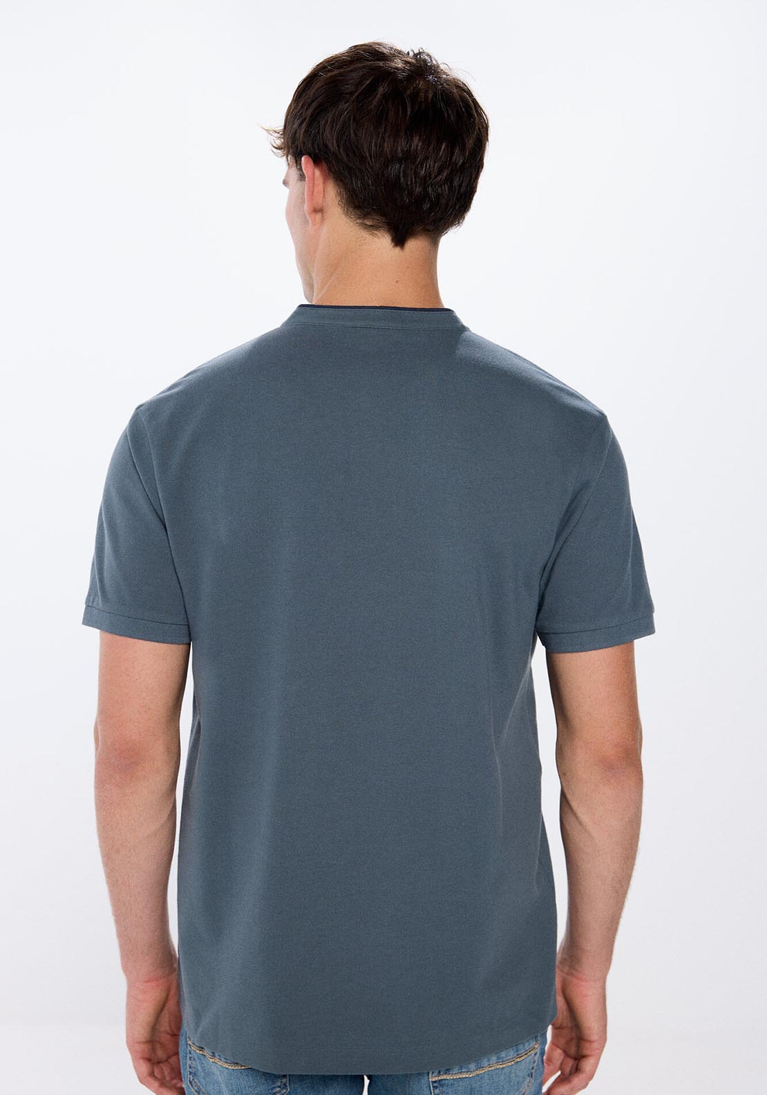 Springfield Regular fit mandarin collar piqué polo shirt - Blue 4 Shaws Department Stores