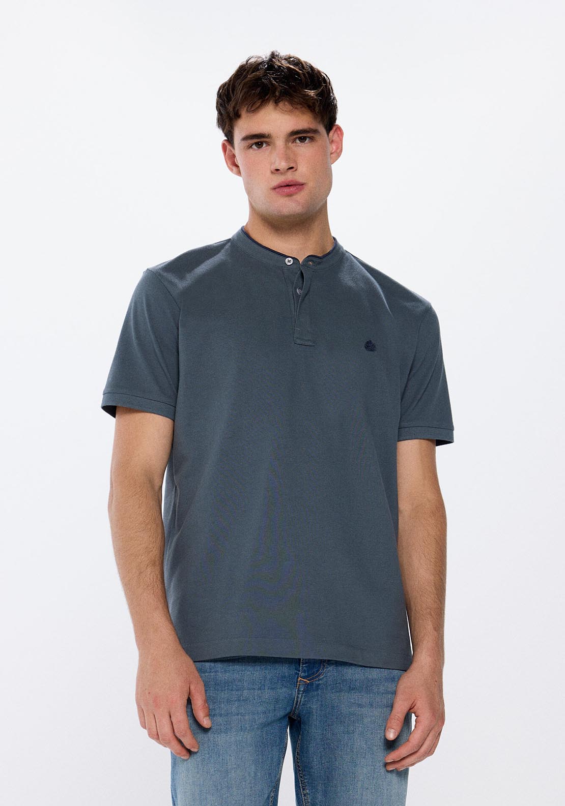 Springfield Regular fit mandarin collar piqué polo shirt - Blue 1 Shaws Department Stores