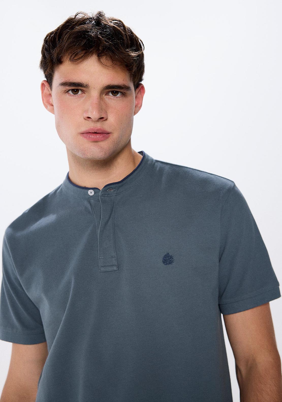 Springfield Regular fit mandarin collar piqué polo shirt - Blue 3 Shaws Department Stores