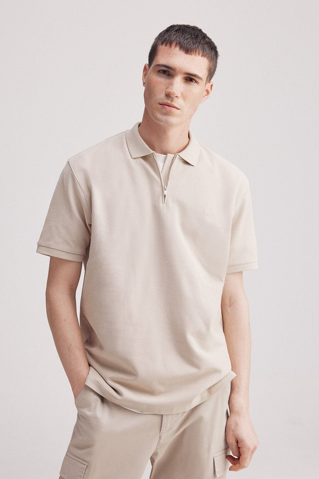 Springfield regular fit zip fastening piqué polo - Sand 3 Shaws Department Stores
