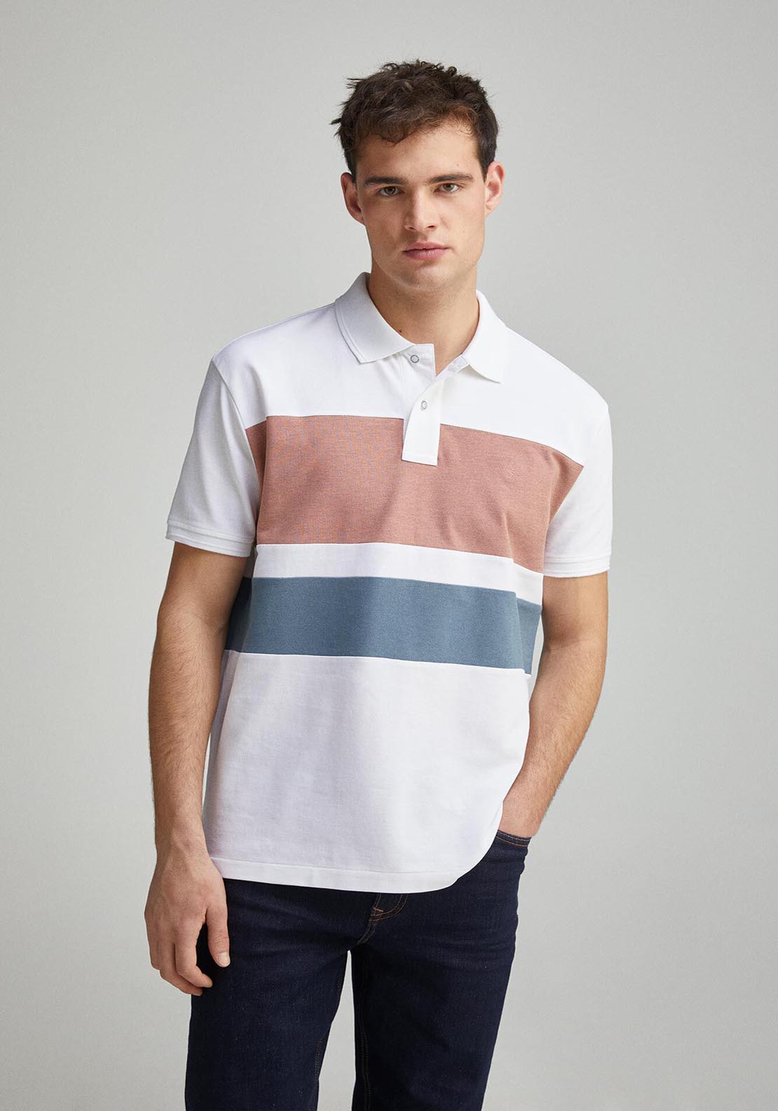 Springfield Regular Fit Color Block Piqué Polo - White 1 Shaws Department Stores