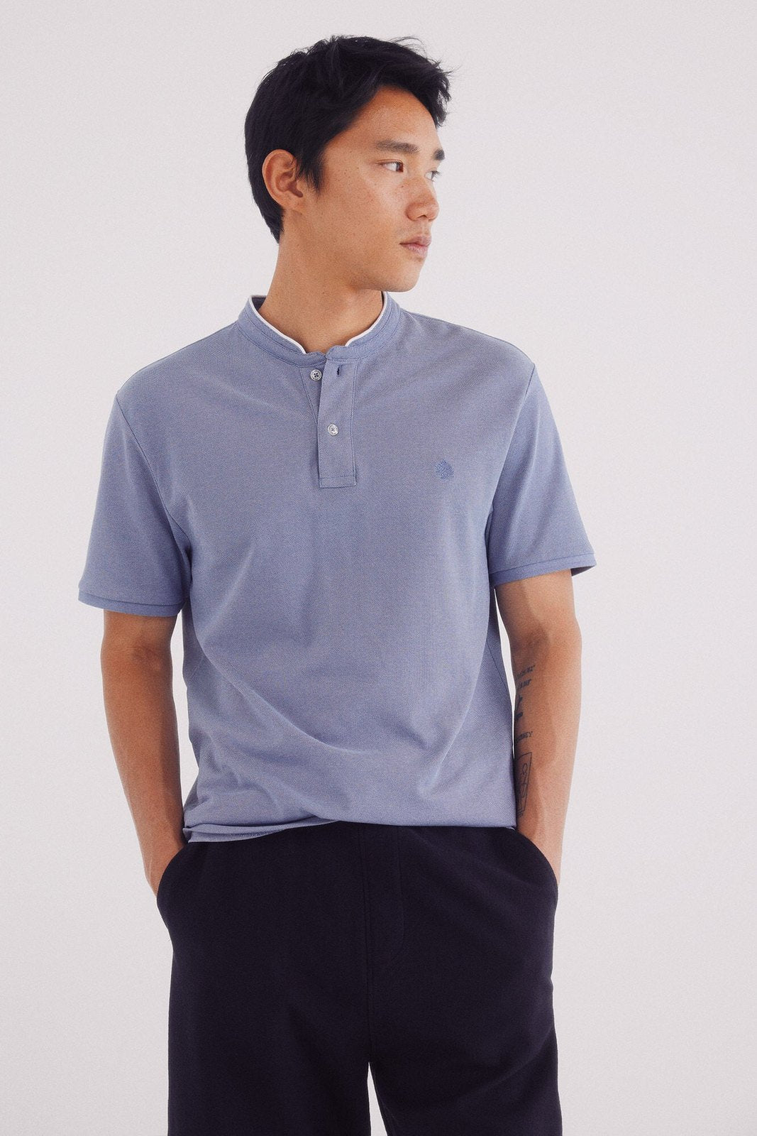 Springfield Slim Fit Mao Oxford Piqué Polo Shirt - Blue 1 Shaws Department Stores