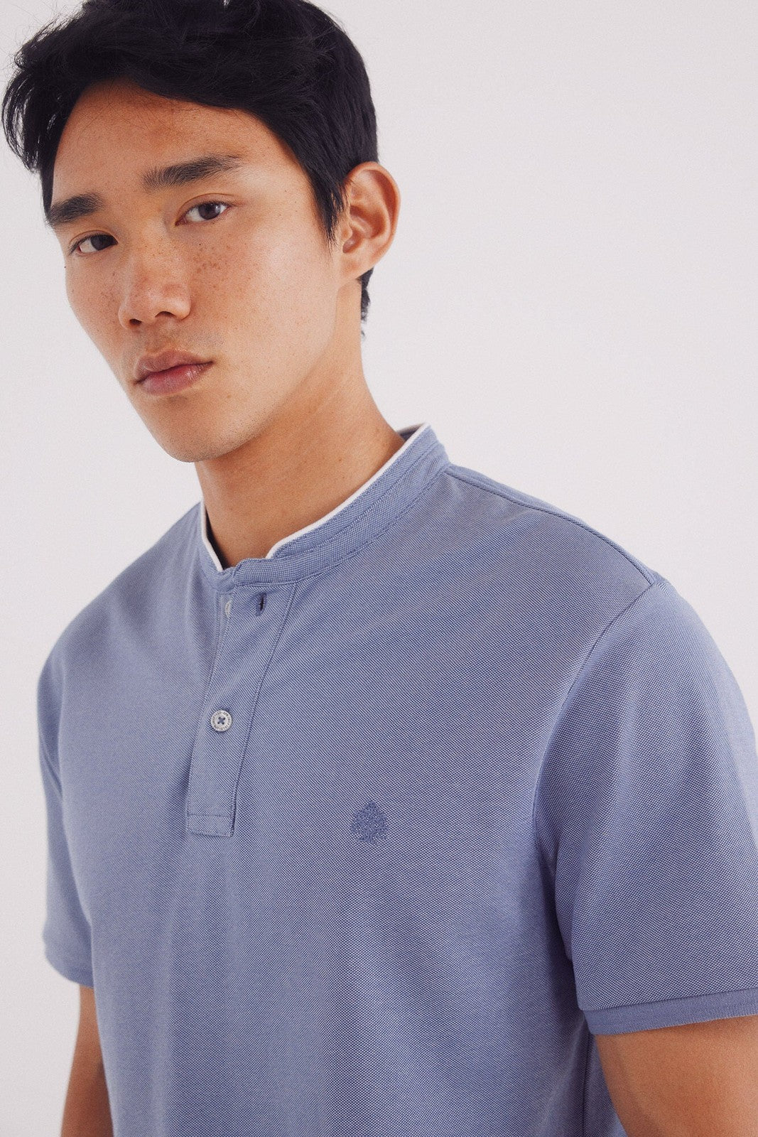 Springfield Slim Fit Mao Oxford Piqué Polo Shirt - Blue 3 Shaws Department Stores