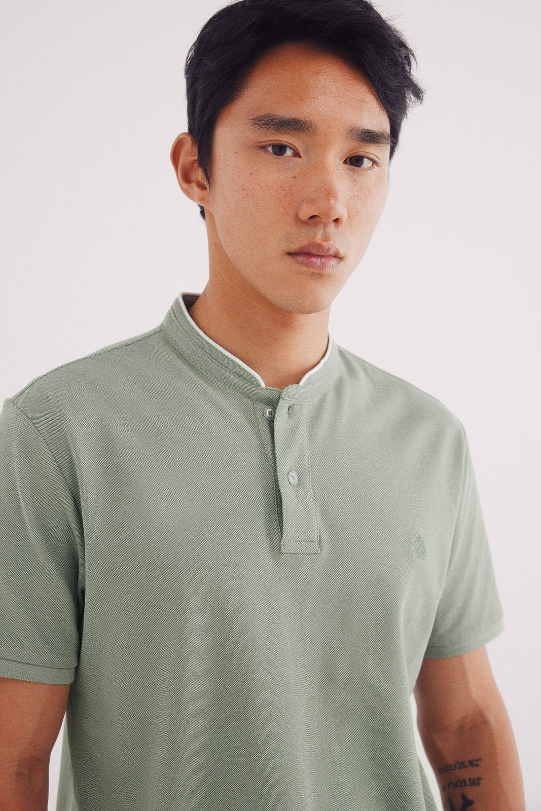 Springfield Slim Fit Mao Oxford Piqué Polo Shirt - Green 3 Shaws Department Stores