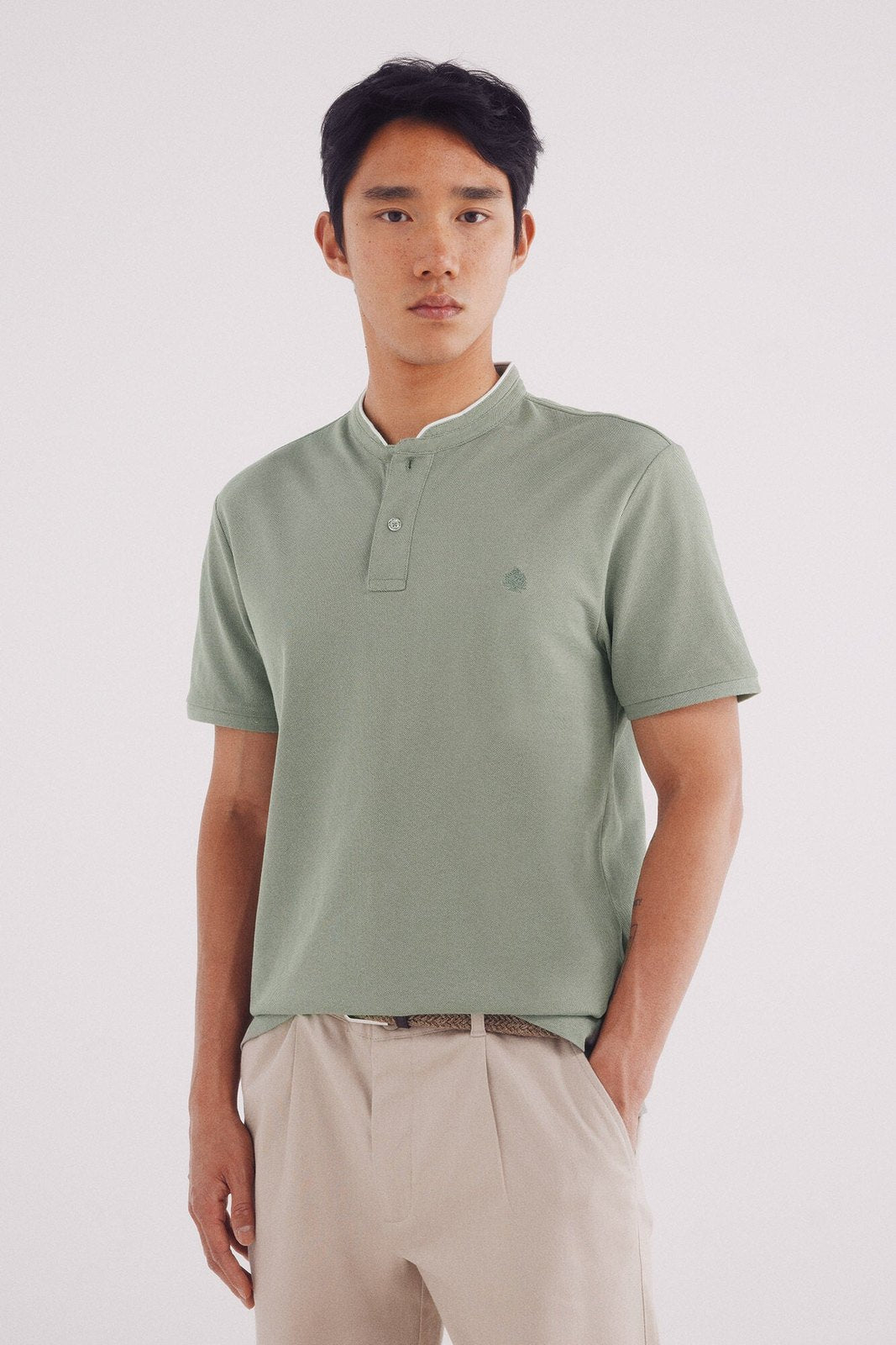Springfield Slim Fit Mao Oxford Piqué Polo Shirt - Green 1 Shaws Department Stores