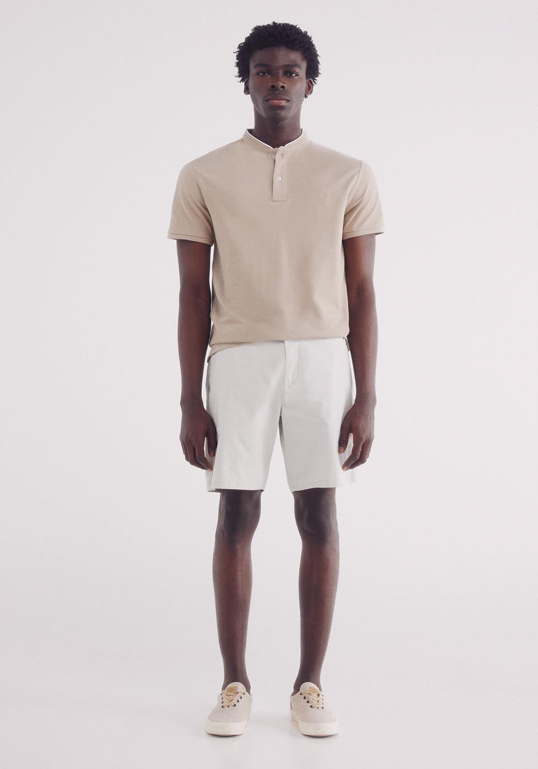 Springfield Slim Fit Mao Oxford Piqué Polo Shirt - Beige 3 Shaws Department Stores
