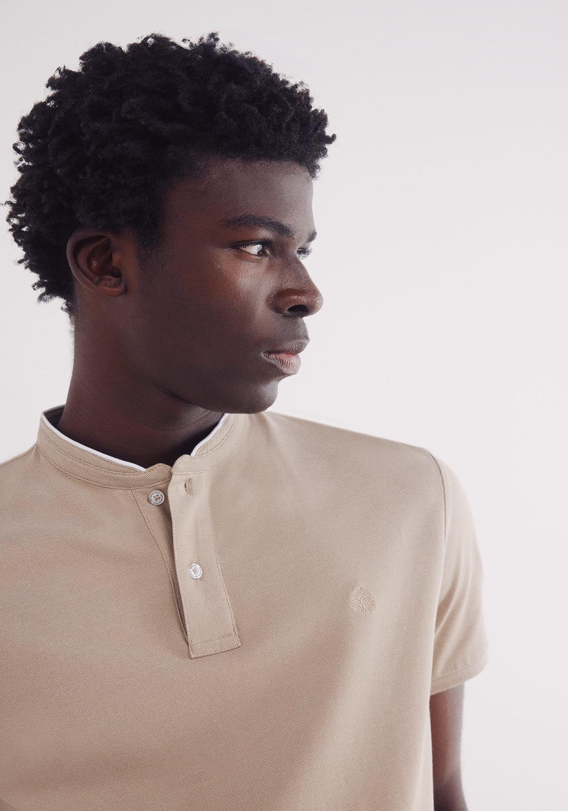 Springfield Slim Fit Mao Oxford Piqué Polo Shirt - Beige 2 Shaws Department Stores