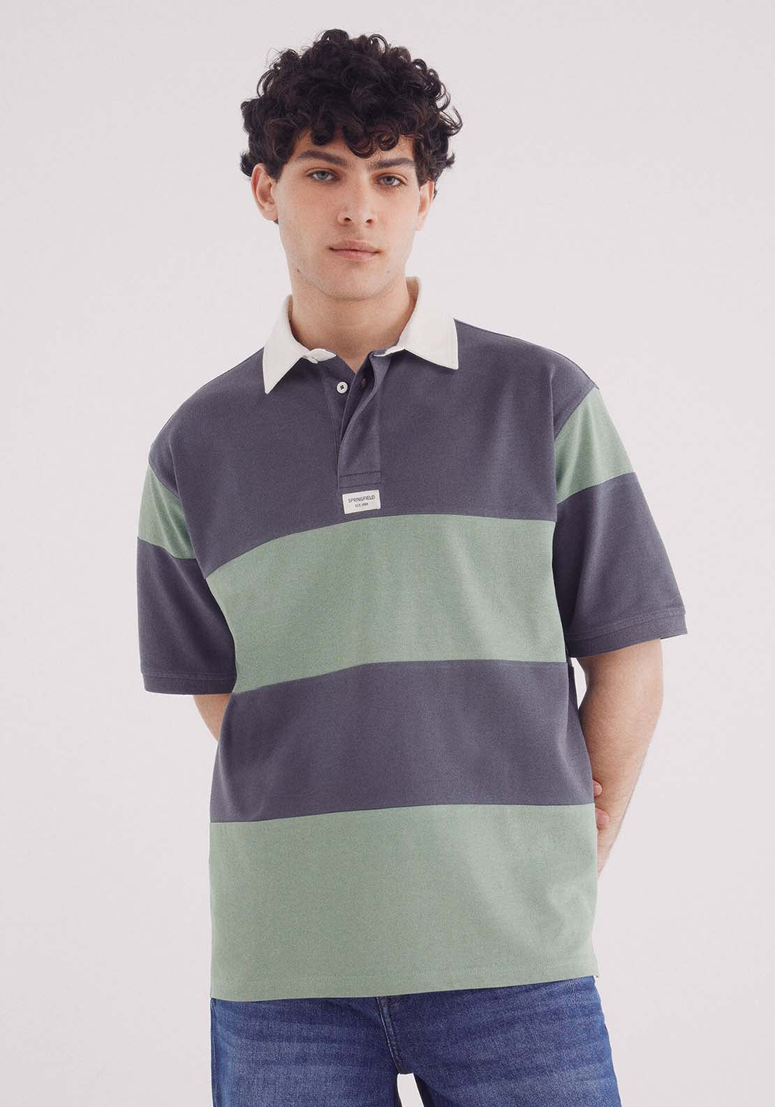 Springfield Boxy Fit Rugby Piqué Polo - Green 1 Shaws Department Stores