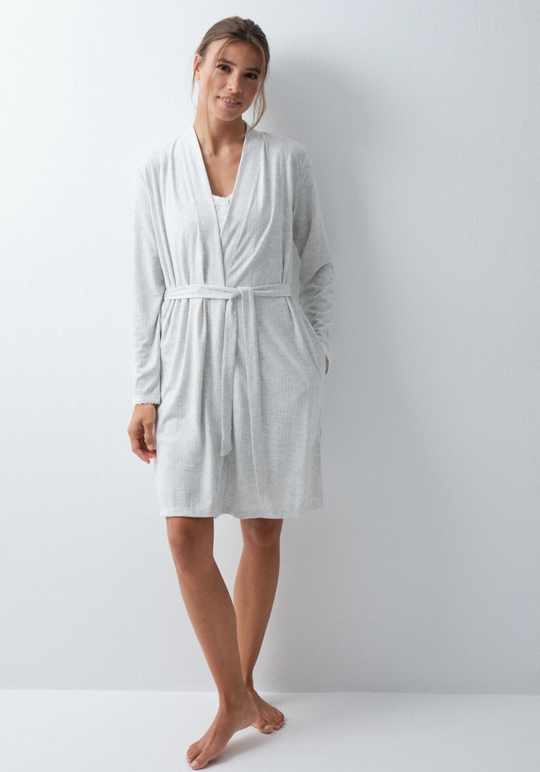 Long Belted Dressing Gown - Grey / Silver