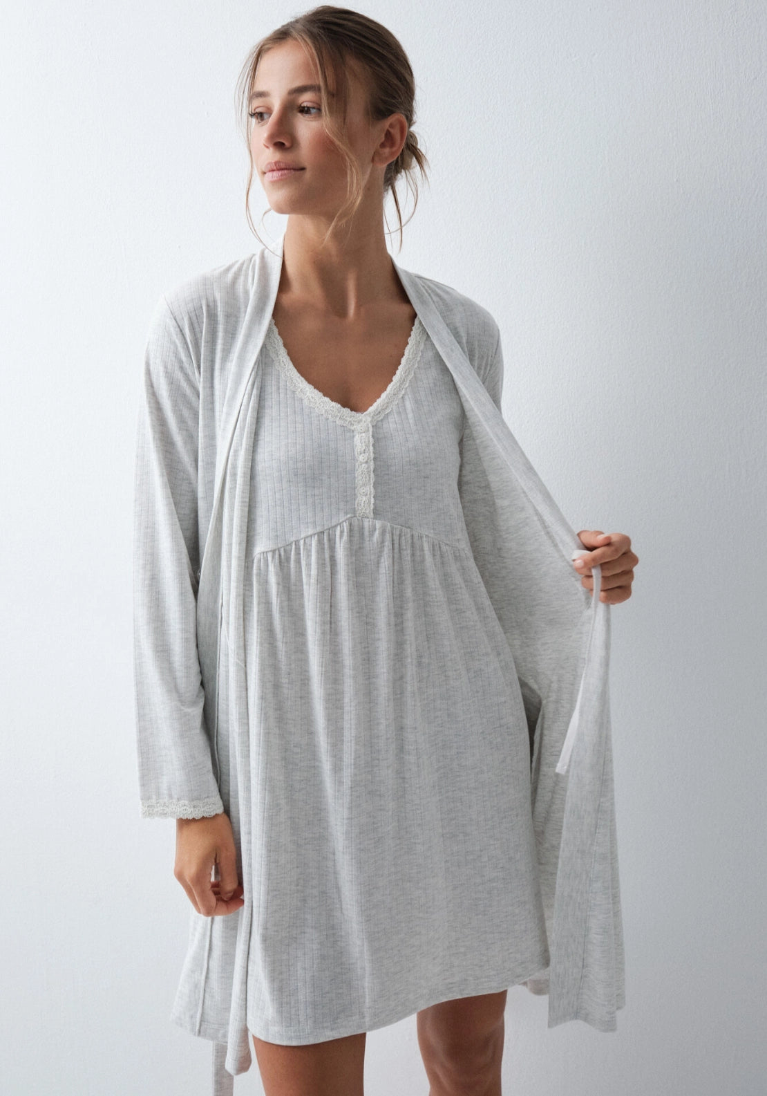 Long Belted Dressing Gown - Grey / Silver