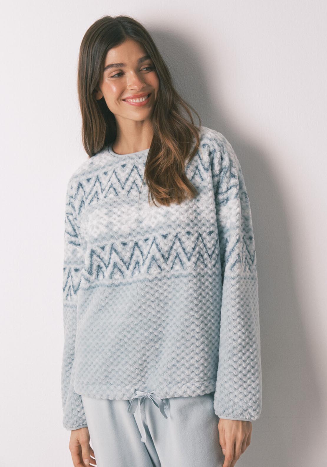 Long Green Fleece Border Print Pyjamas - White