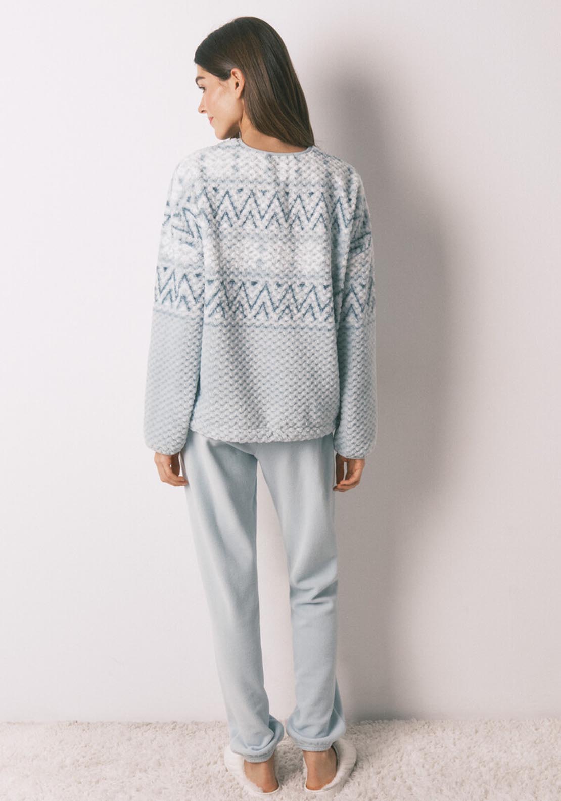 Long Green Fleece Border Print Pyjamas - White