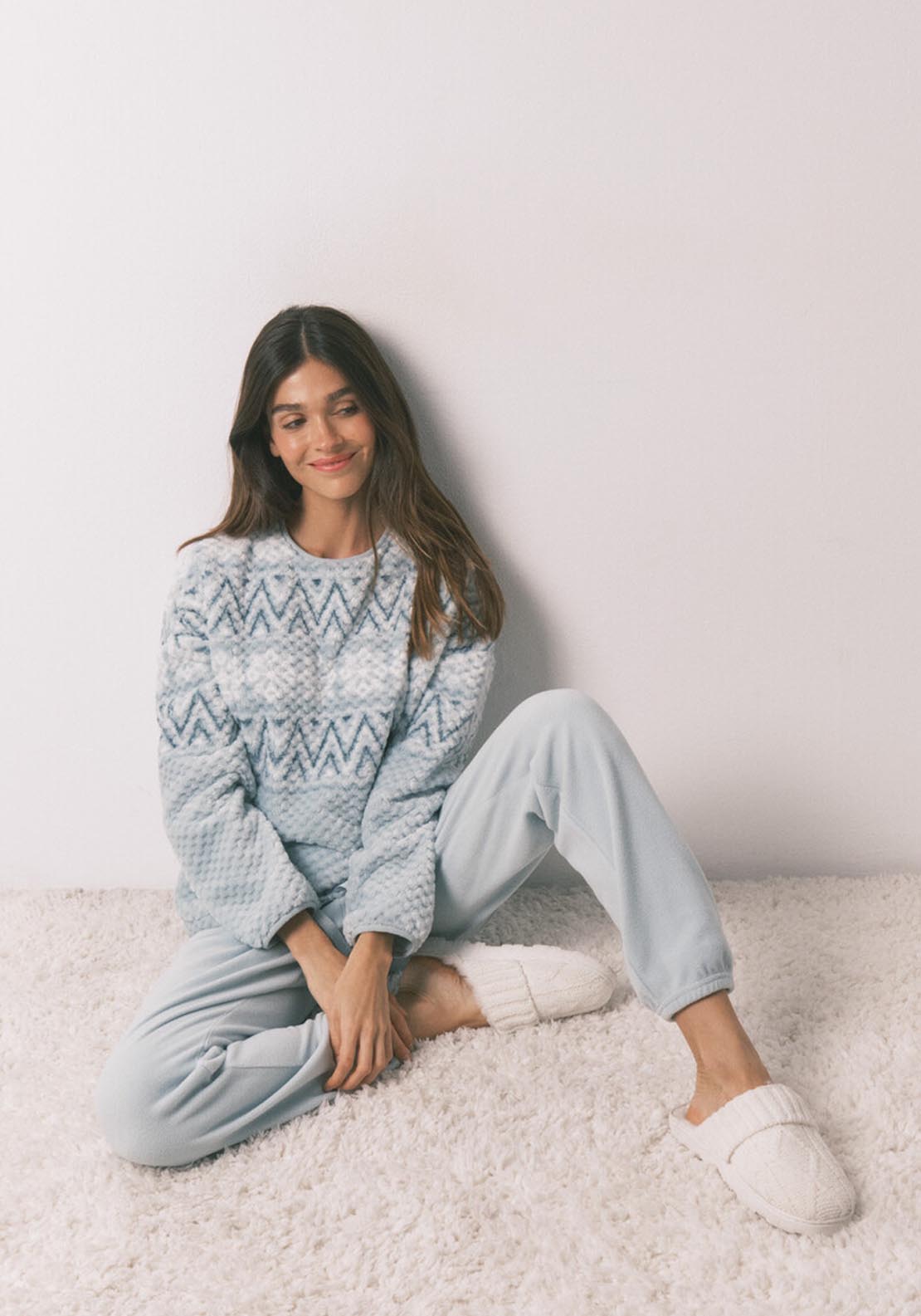 Long Green Fleece Border Print Pyjamas - White