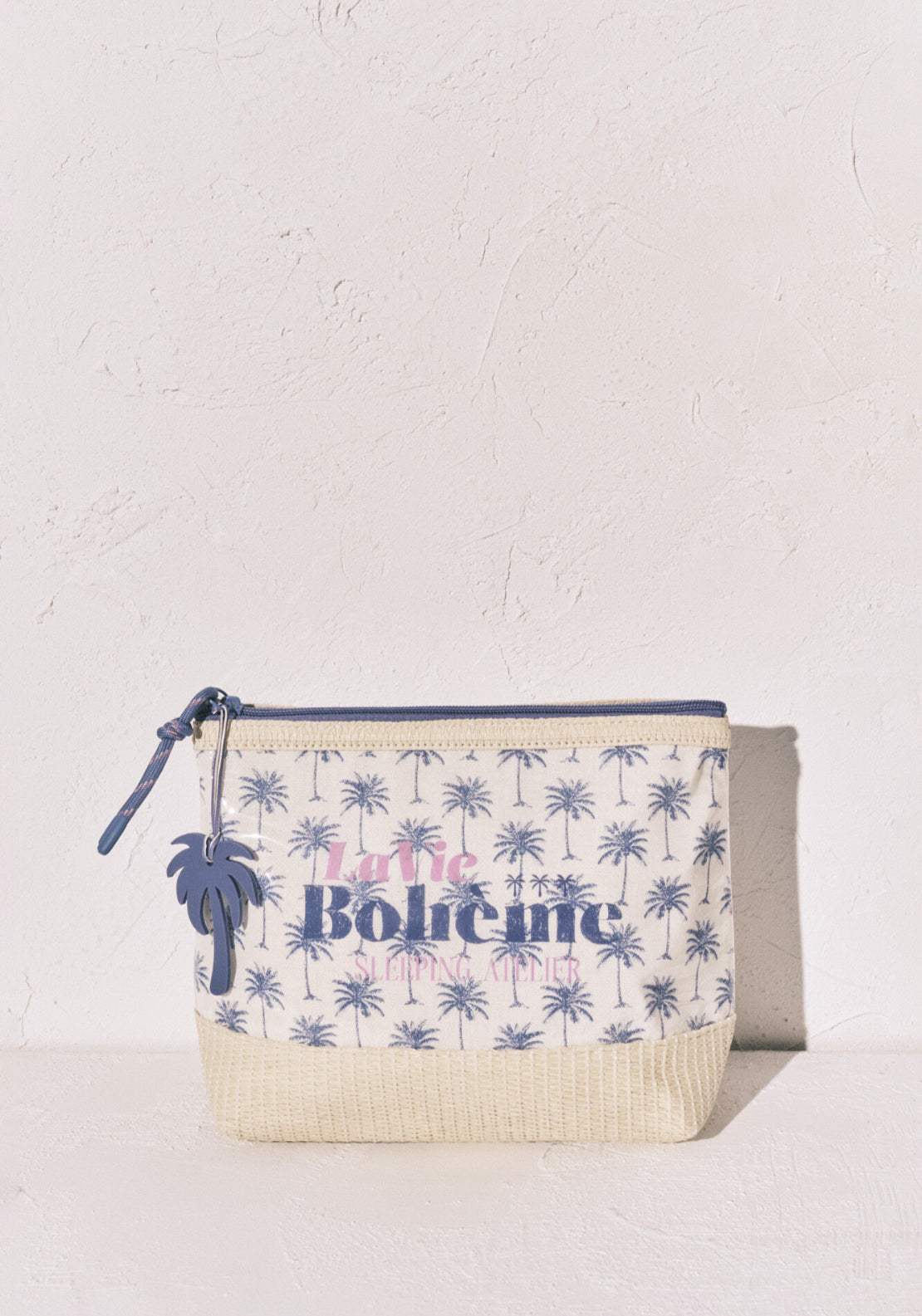 Palm Tree Raffia Medium Vanity Case - Blue