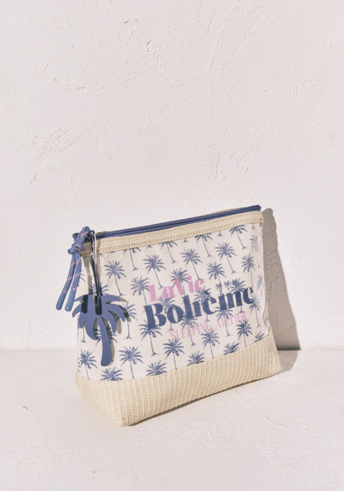 Palm Tree Raffia Medium Vanity Case - Blue