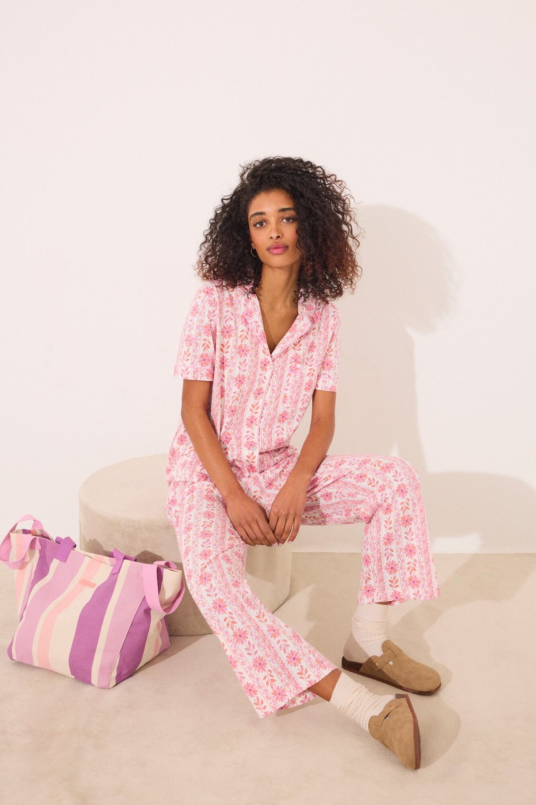 Womensecret Capri classic pyjamas 100% cotton flowers - Pink 1 Shaws Department Stores