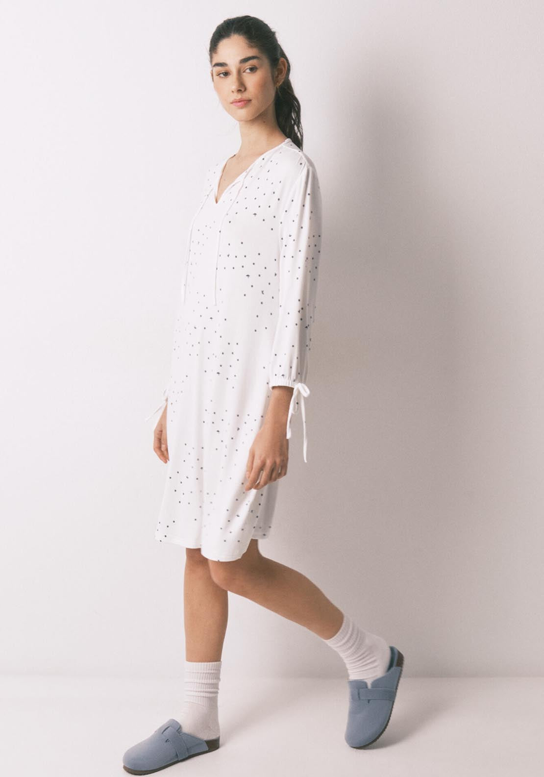 Bird Print Midi Nightgown - White