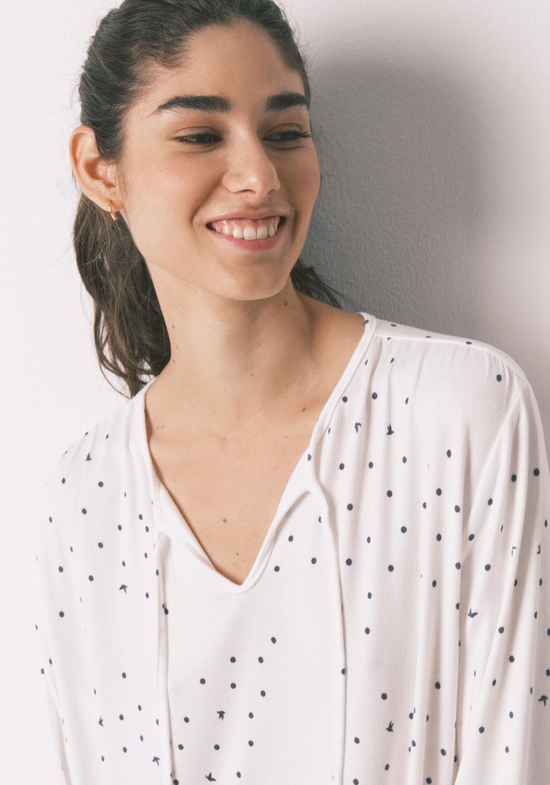 Bird Print Midi Nightgown - White