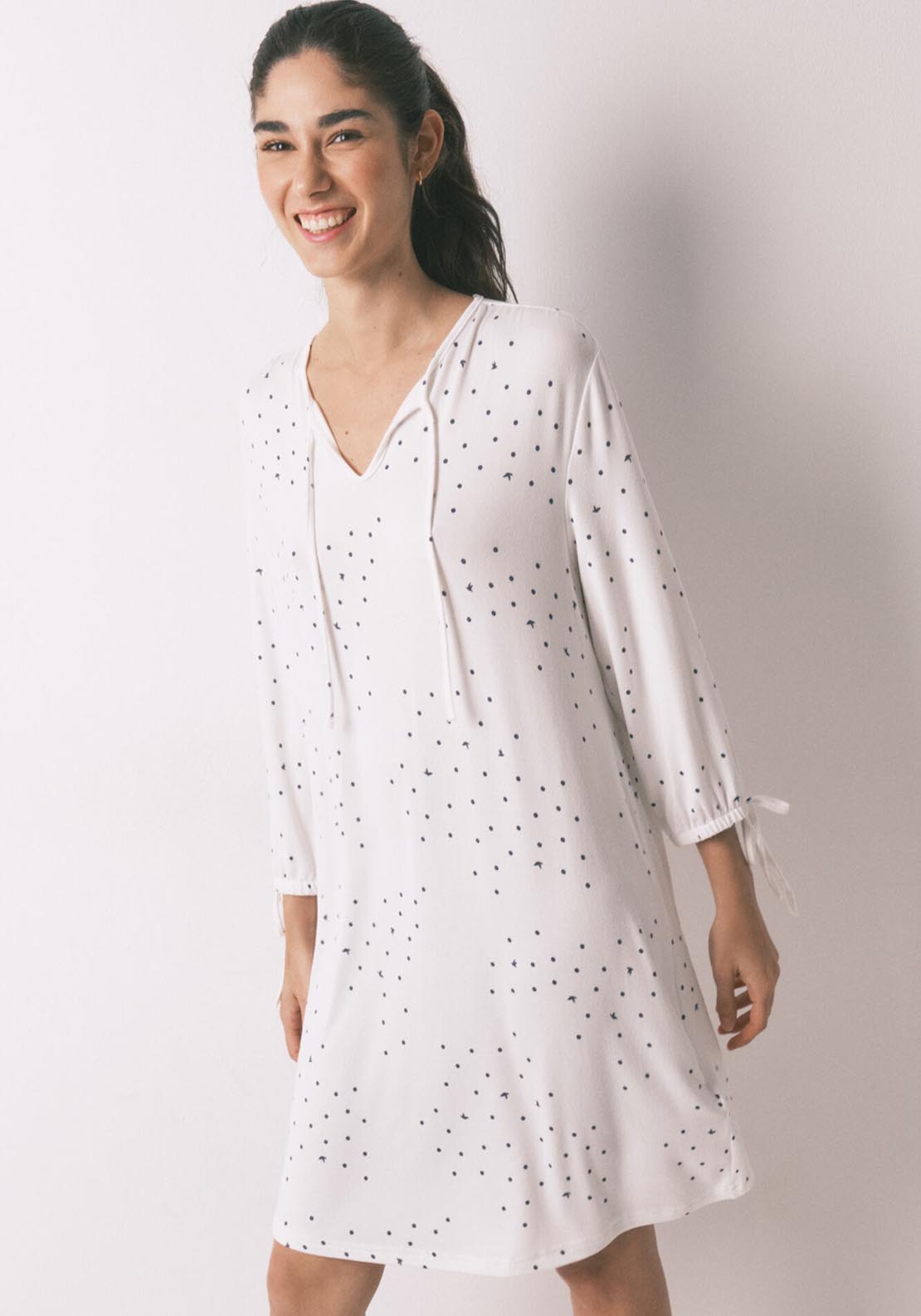 Bird Print Midi Nightgown - White