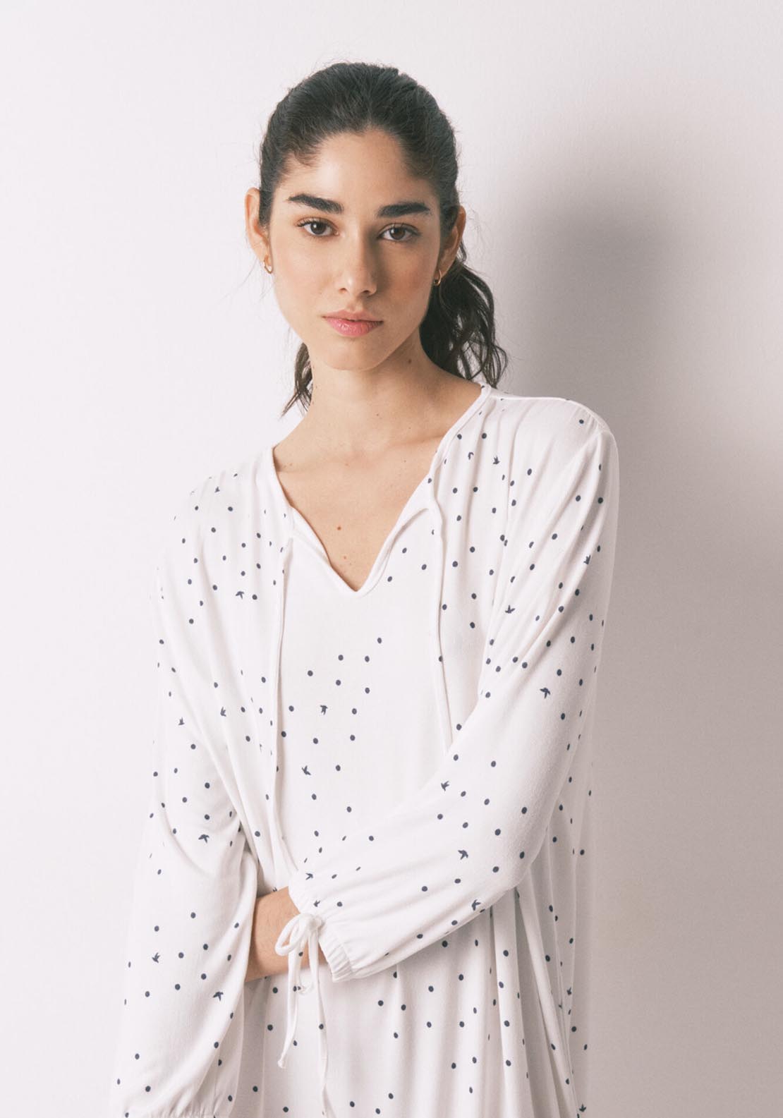 Bird Print Midi Nightgown - White