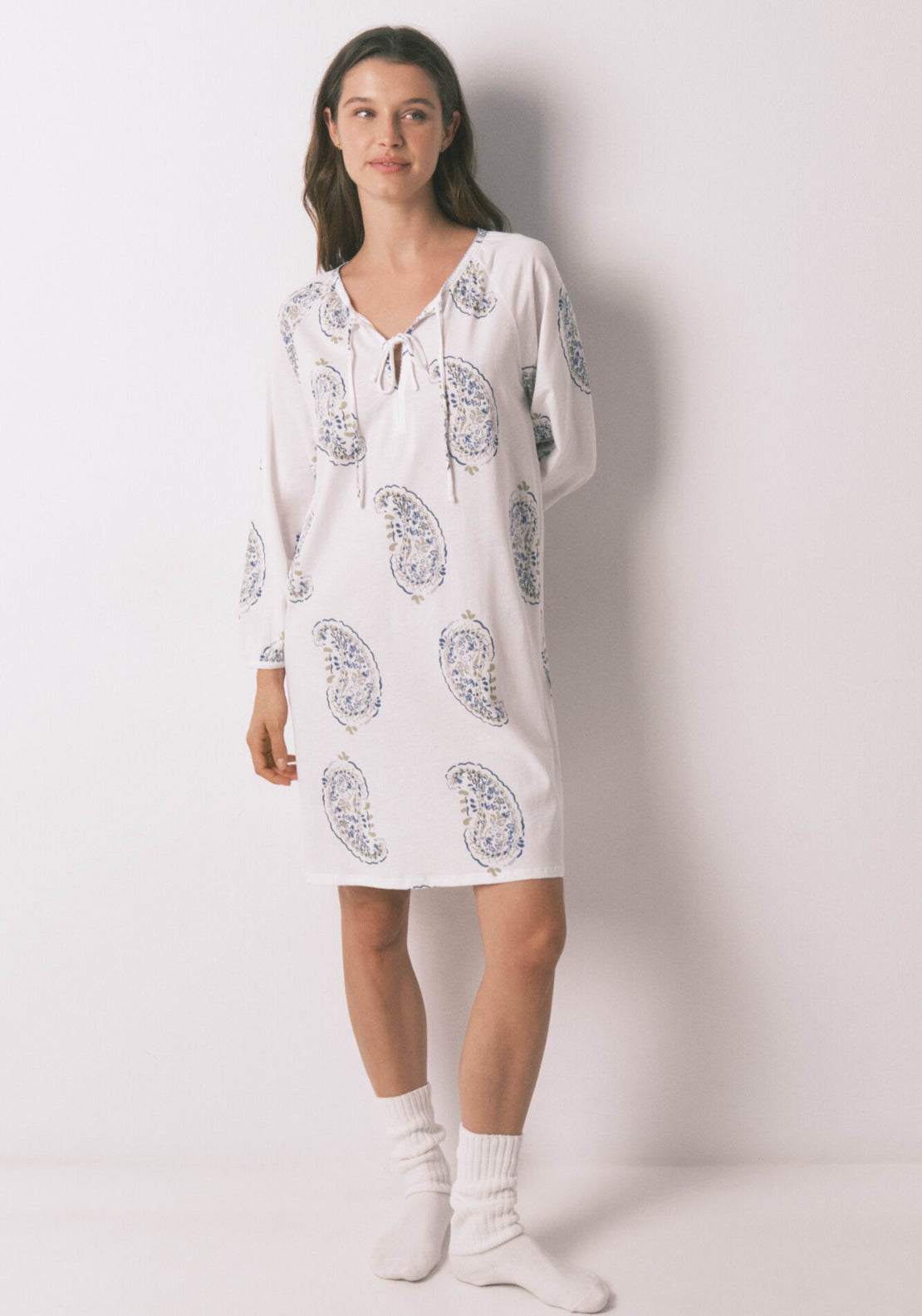 100% Cotton Midi Paisley Print Nightgown - White