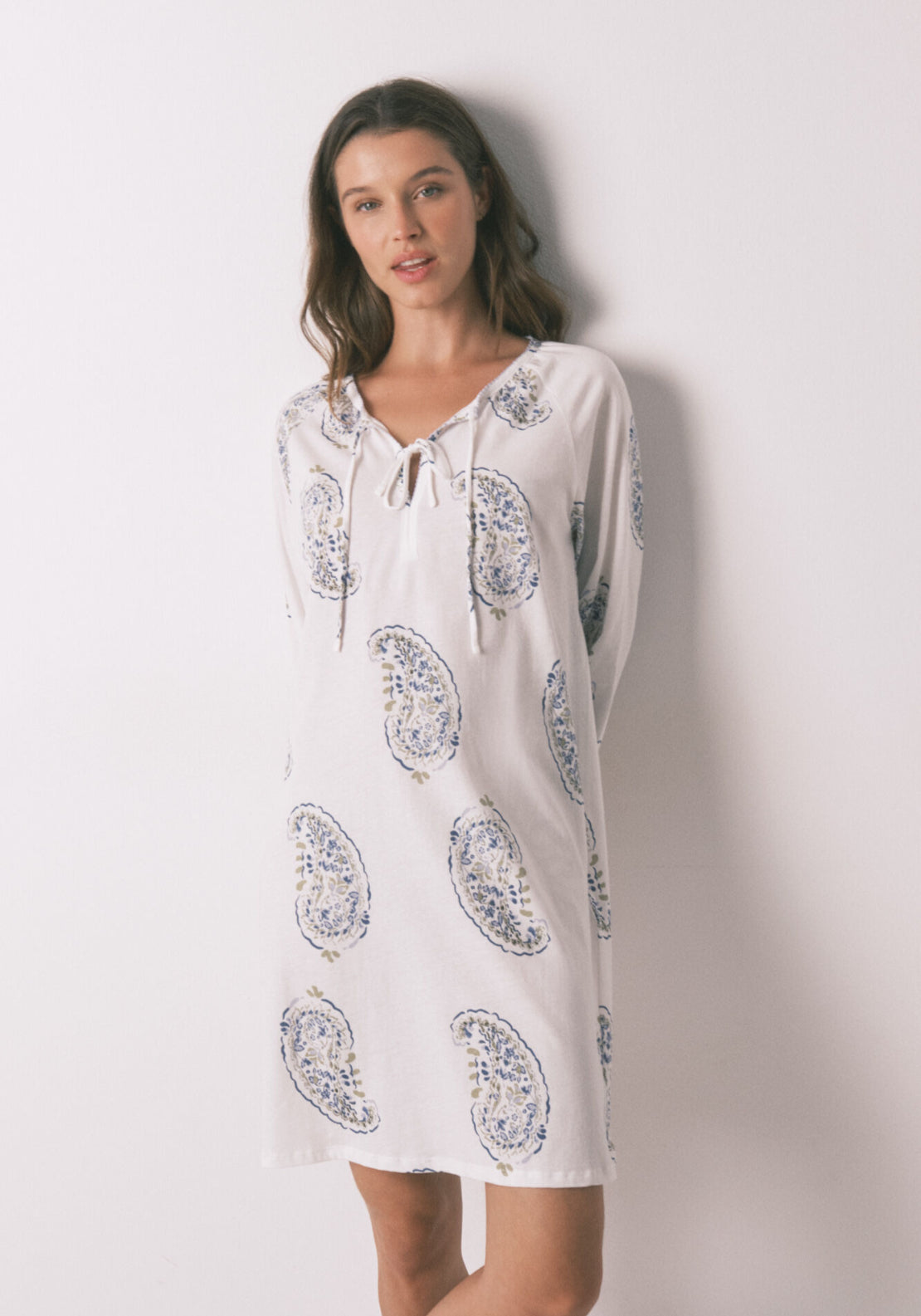 100% Cotton Midi Paisley Print Nightgown - White