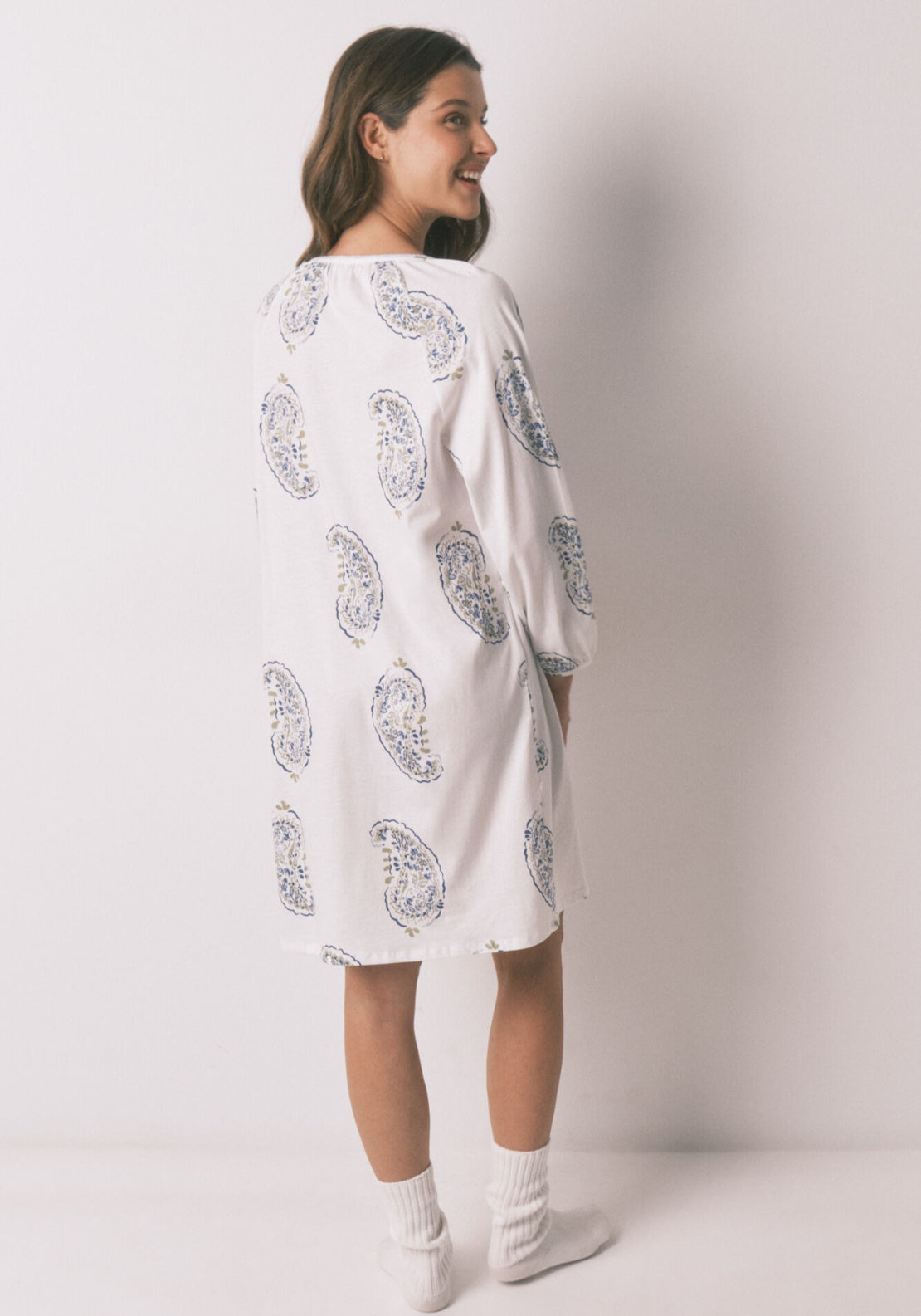 100% Cotton Midi Paisley Print Nightgown - White