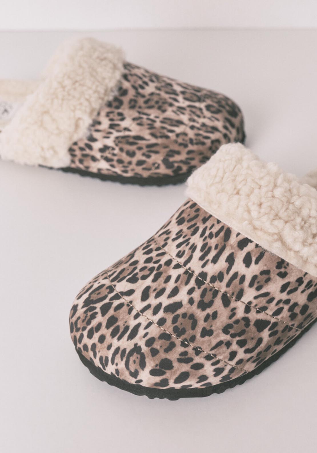 Animal Print Sheepskin Faux Shearling Slippers - Brown
