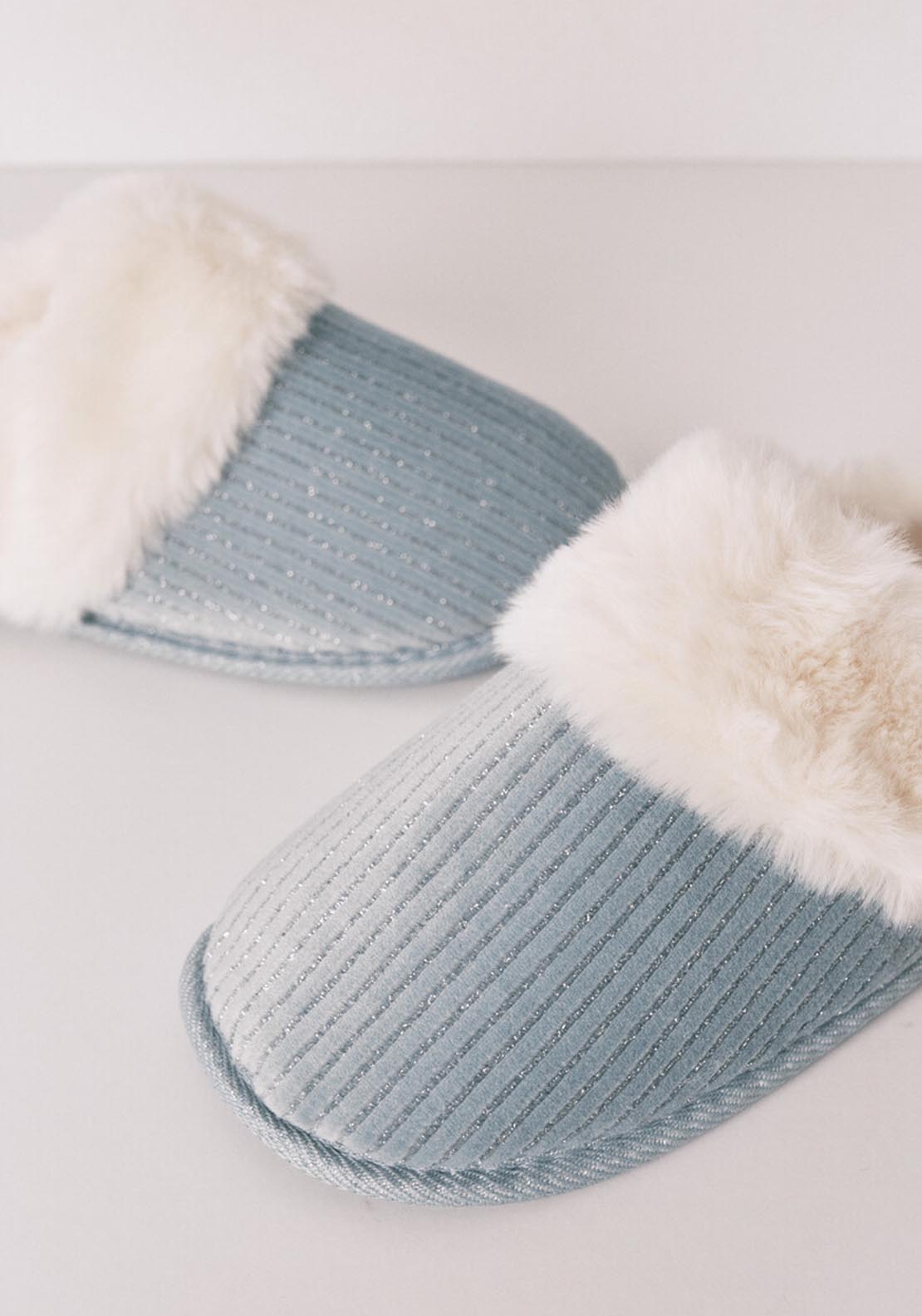 Green Lurex Fur Ribbed Slippers - Green