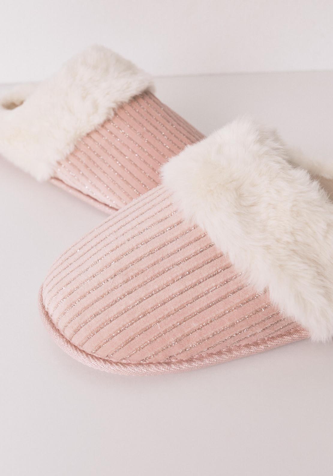 Pink Lurex Fur Ribbed Slippers - Pink