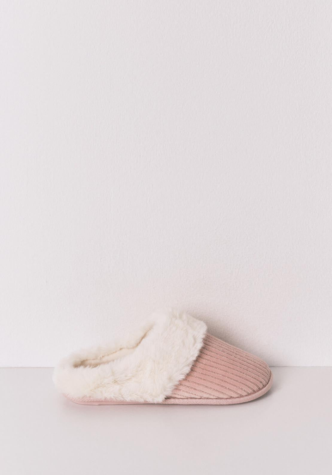 Pink Lurex Fur Ribbed Slippers - Pink