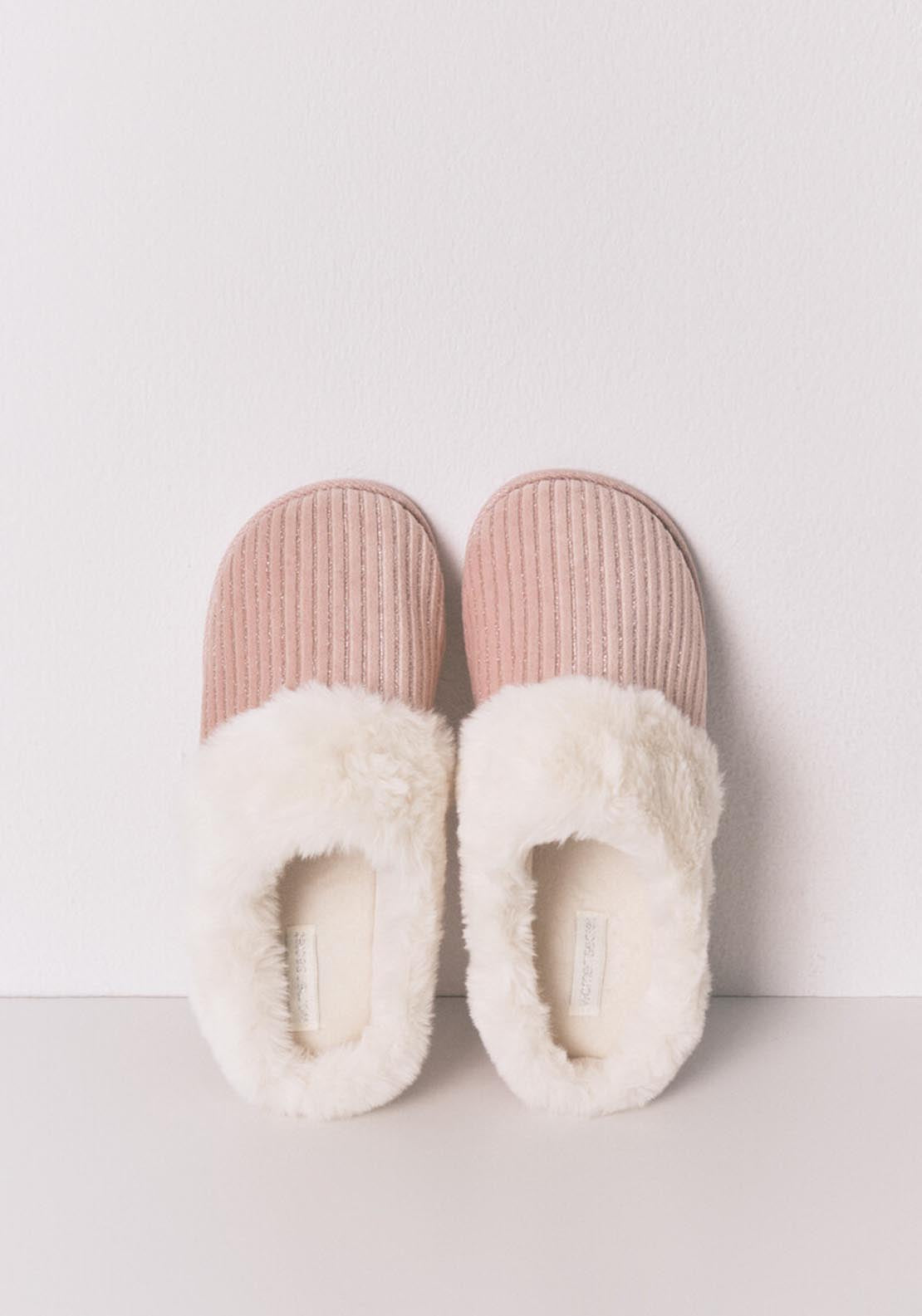 Pink Lurex Fur Ribbed Slippers - Pink