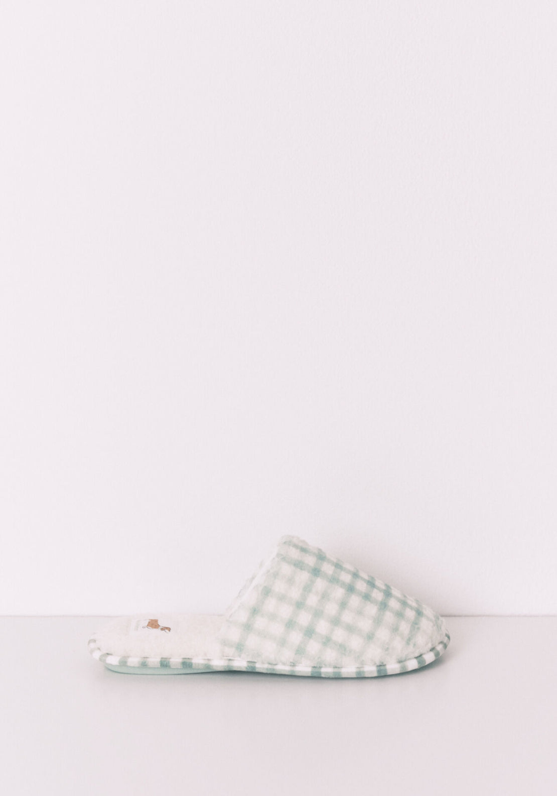 Faux Shearling Plaid Slippers - Green