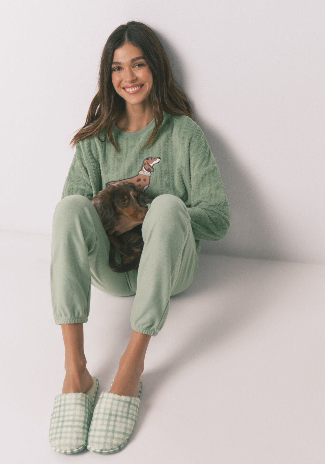 Faux Shearling Plaid Slippers - Green
