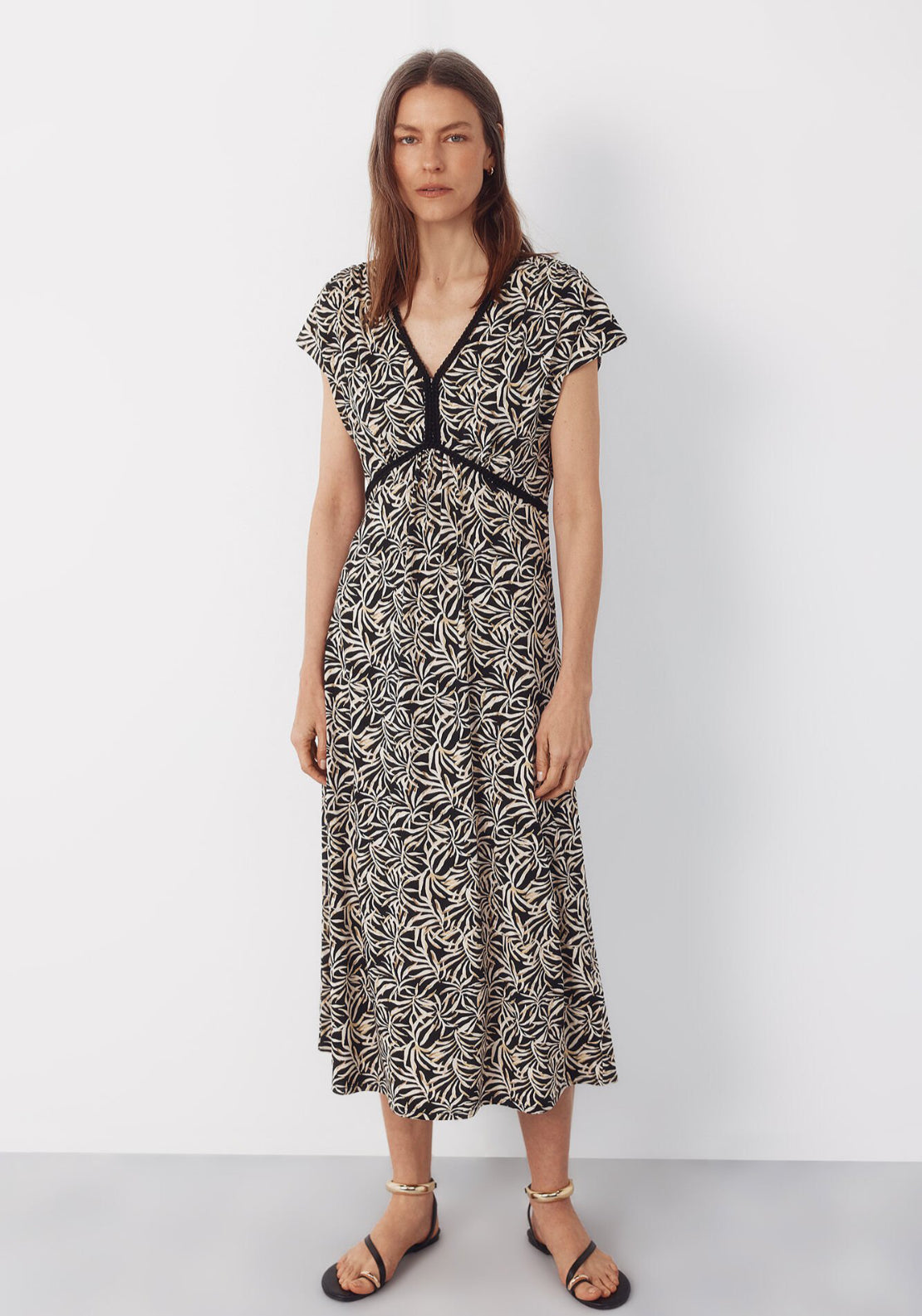 Cortefiel Braided Floral Print Dress - Grey 1 Shaws Department Stores