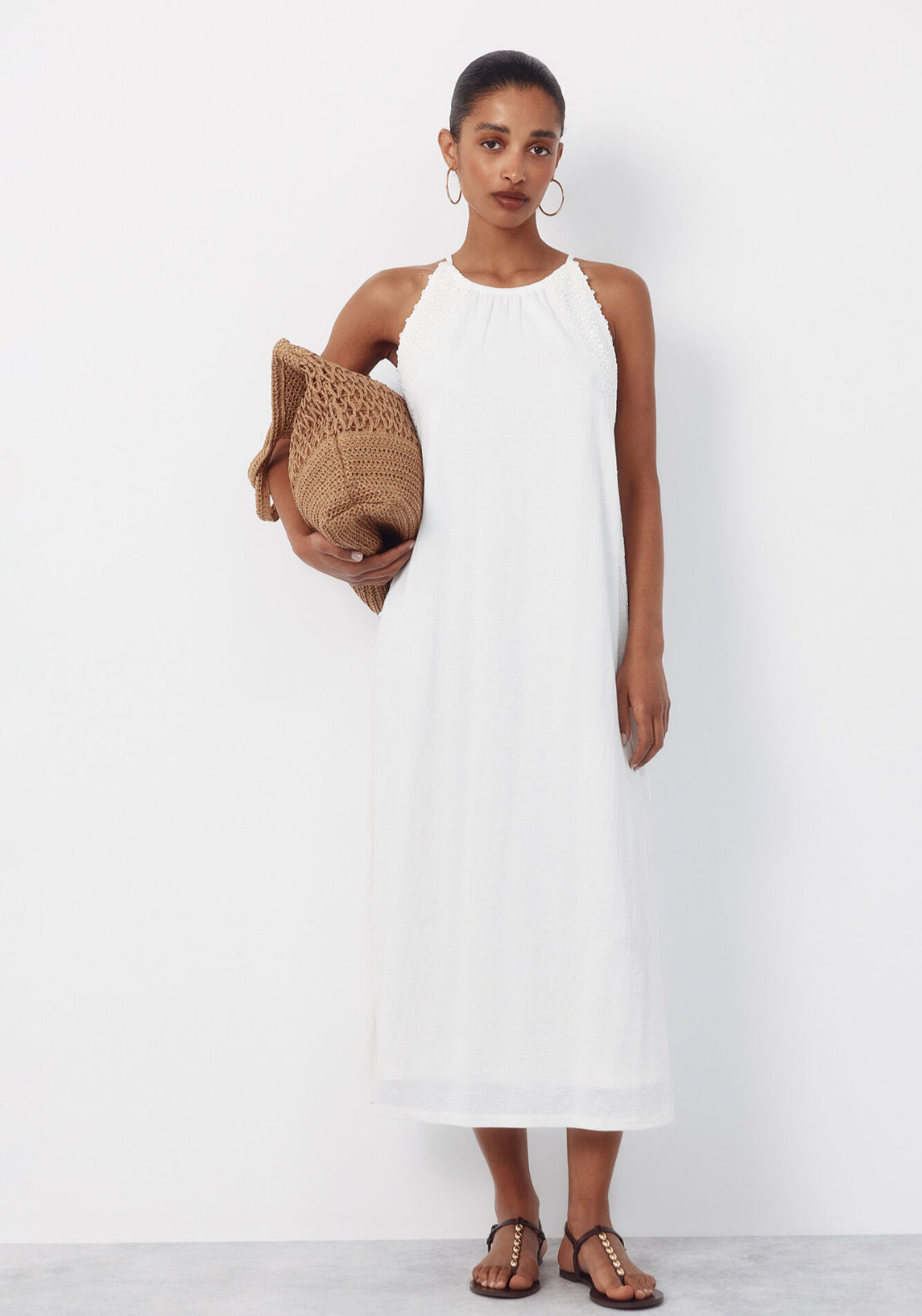 Cortefiel Halterneck Cotton Dress With Floral Crochet Ribbon - White 1 Shaws Department Stores