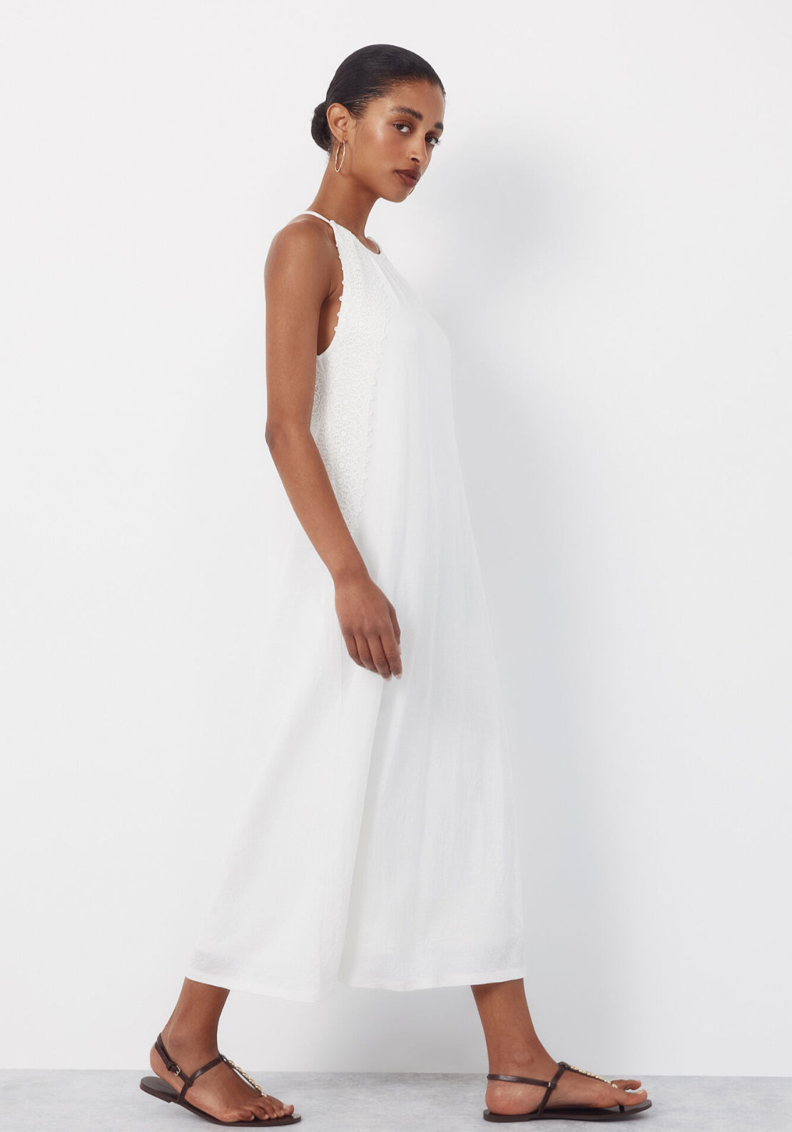 Cortefiel Halterneck Cotton Dress With Floral Crochet Ribbon - White 3 Shaws Department Stores