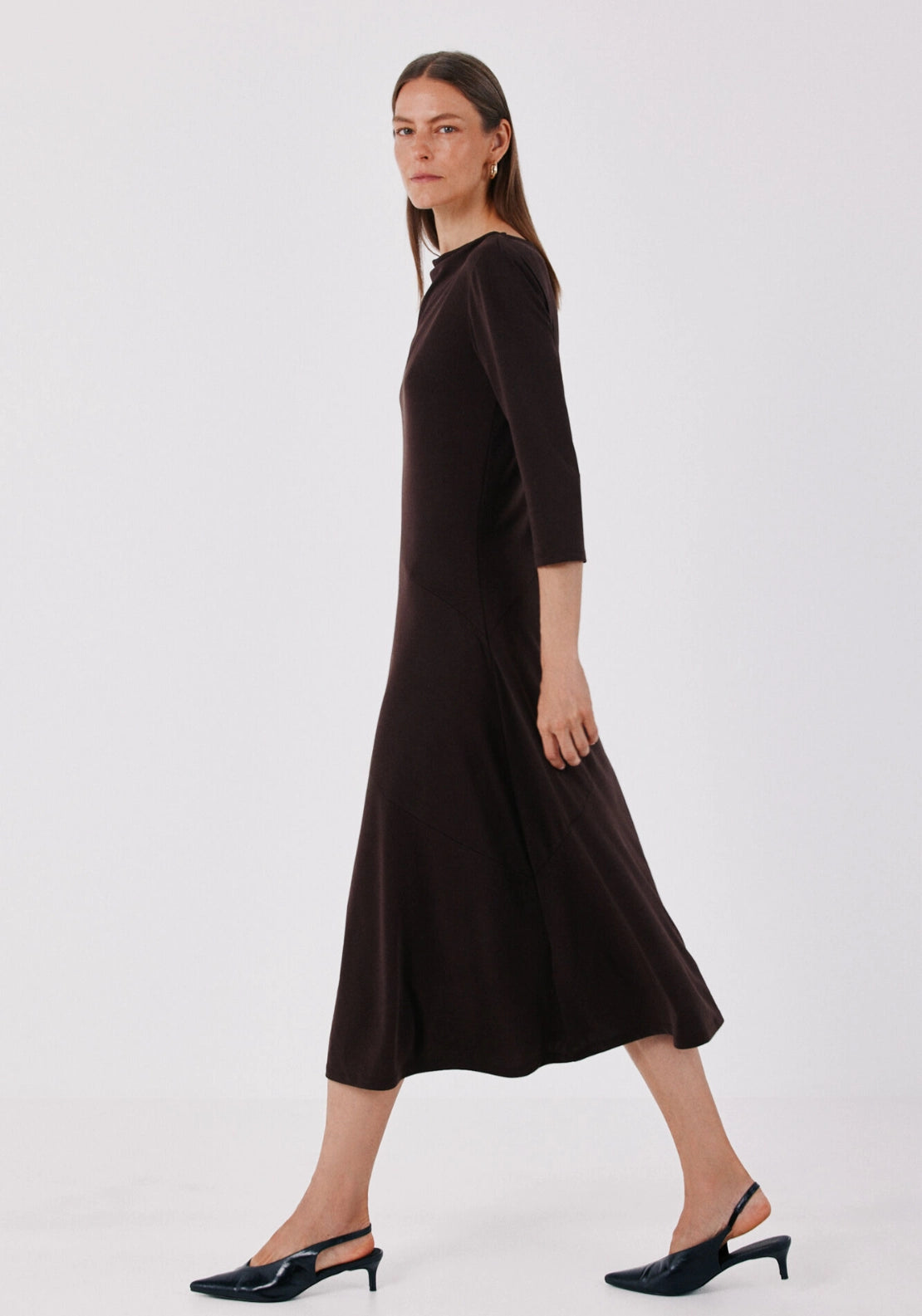 V-Shaped Jersey Knit  Dress - Dark Brown