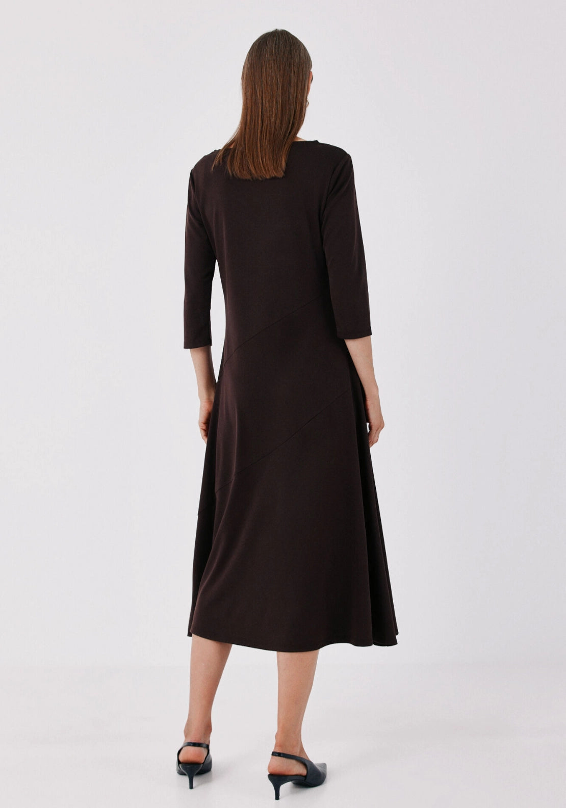 V-Shaped Jersey Knit  Dress - Dark Brown