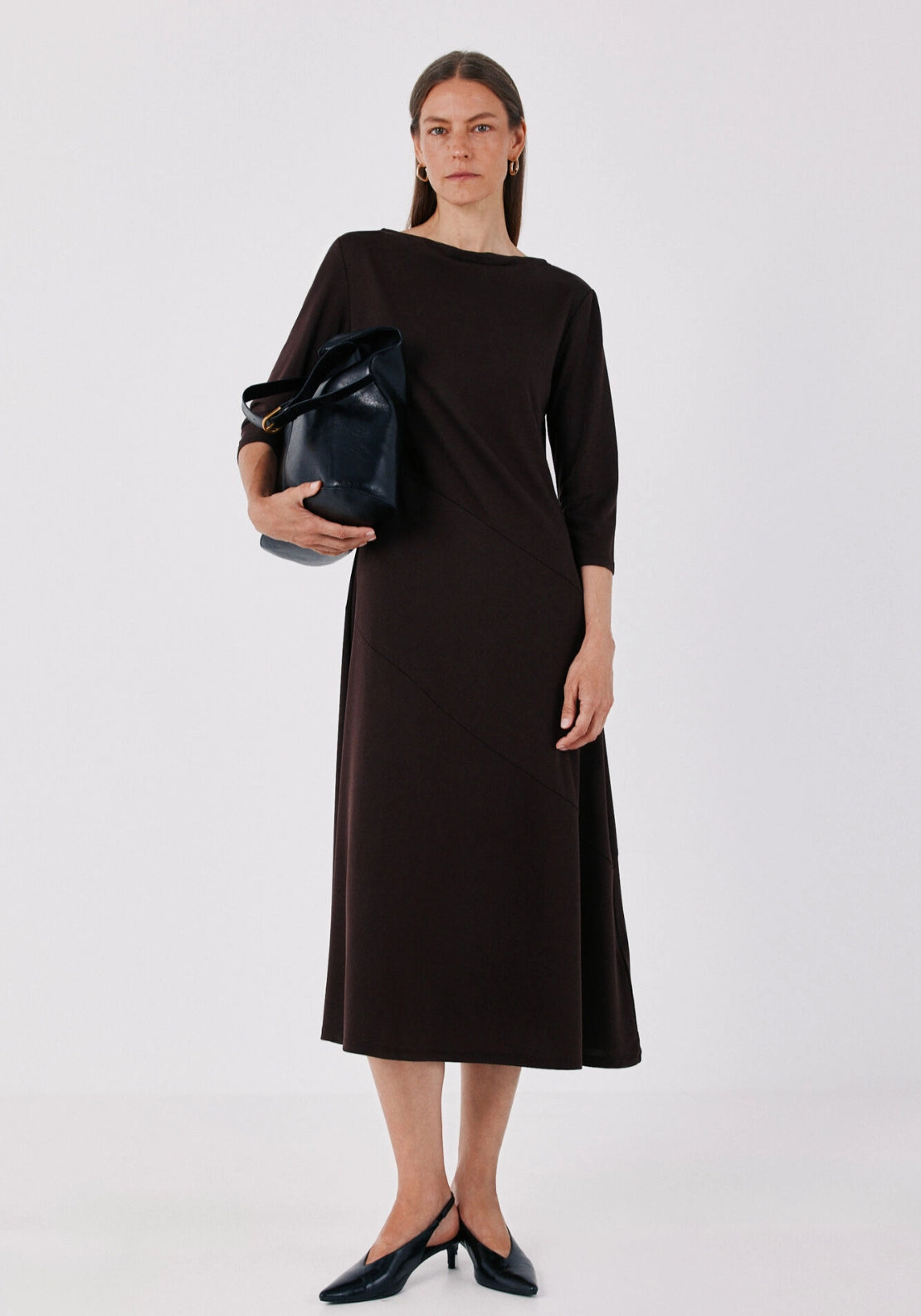 V-Shaped Jersey Knit  Dress - Dark Brown