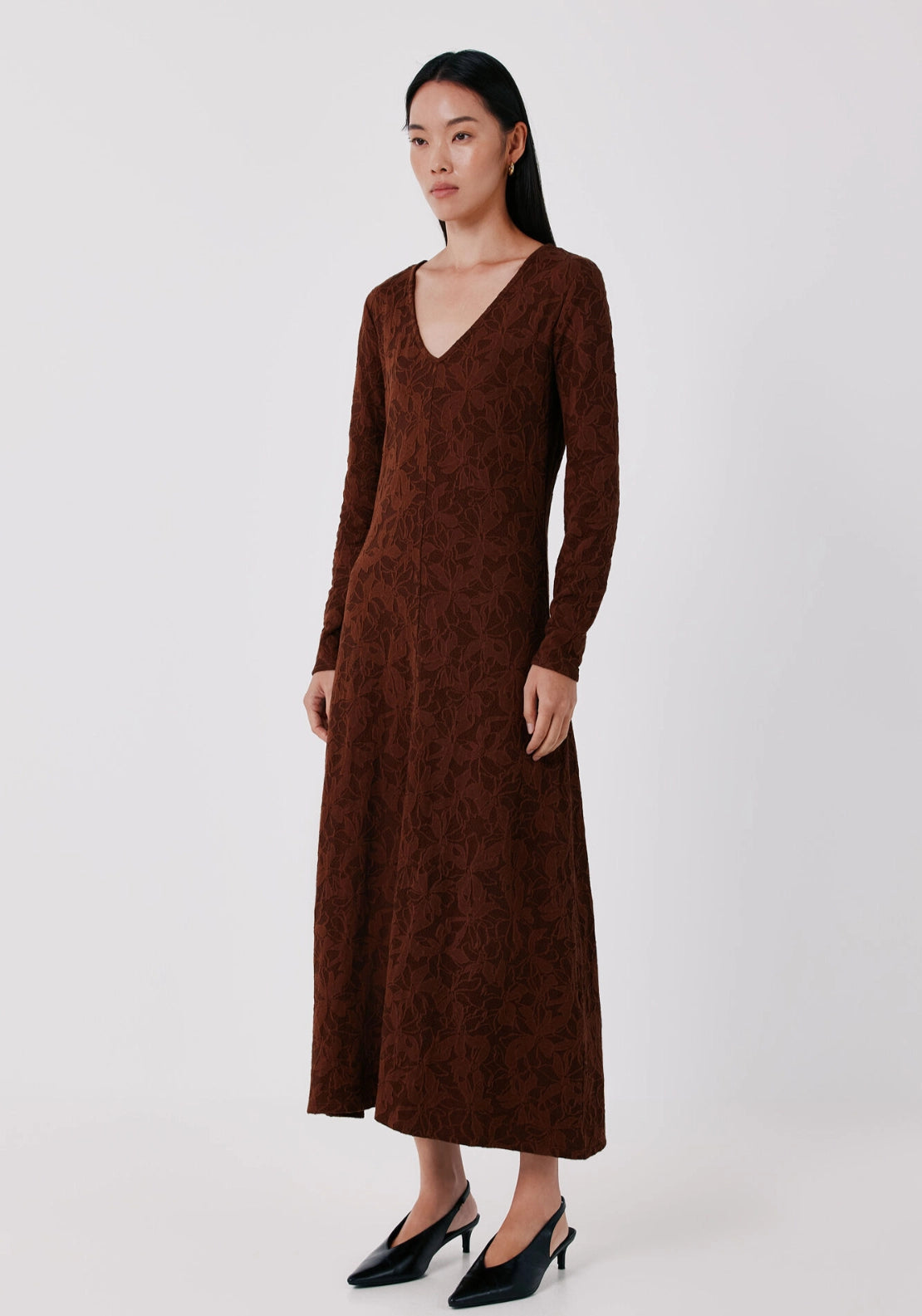 Floral Jacquard Knit Dress - Dark Brown