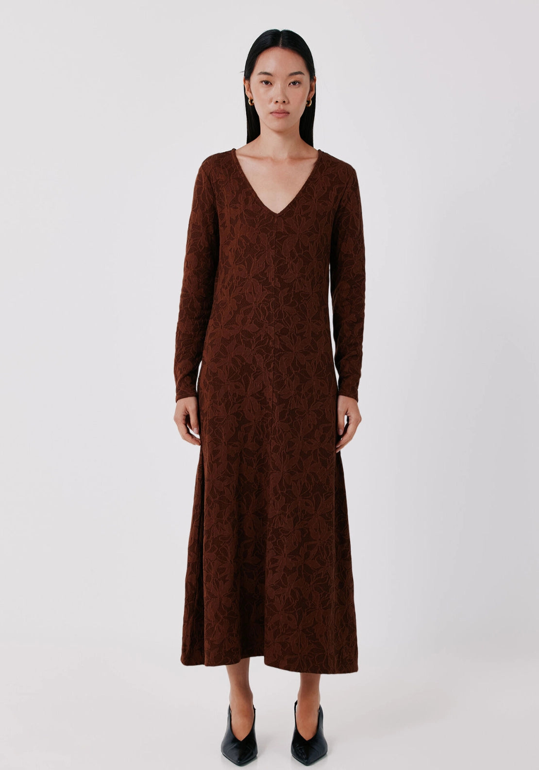 Floral Jacquard Knit Dress - Dark Brown
