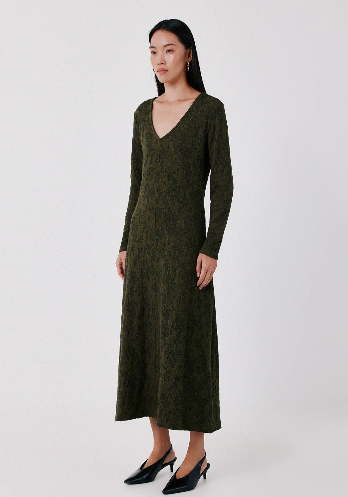Floral Jacquard Knit Dress - Medium Khaki