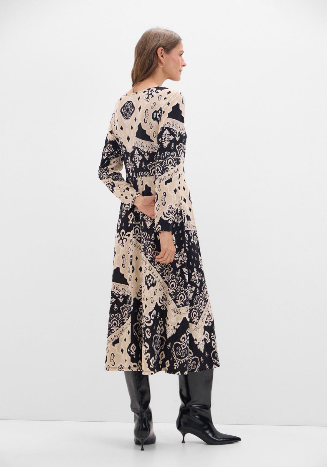 Cortefiel Long Sleeve Printed Midi Dress - White Print 7 Shaws Department Stores