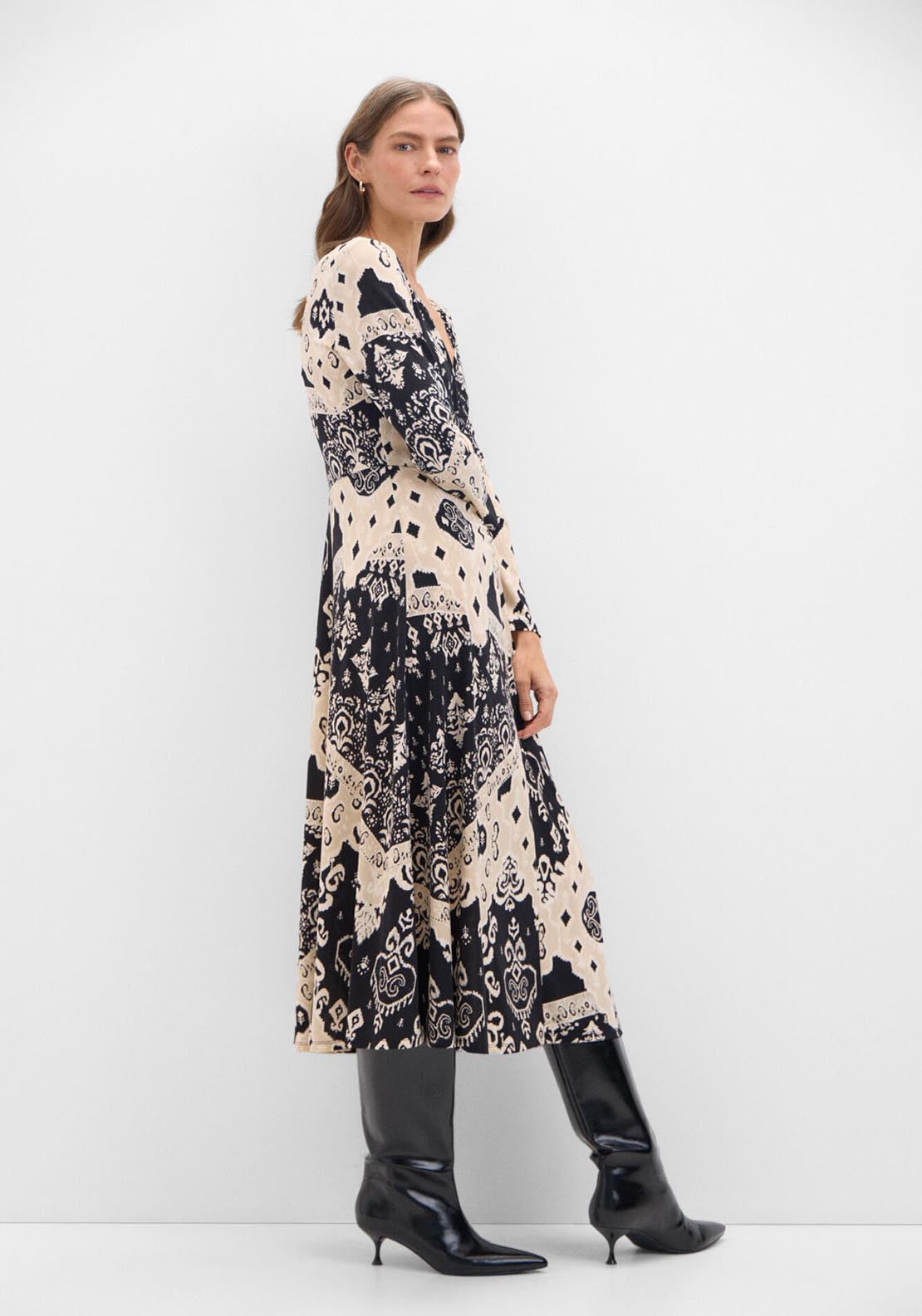 Cortefiel Long Sleeve Printed Midi Dress - White Print 3 Shaws Department Stores