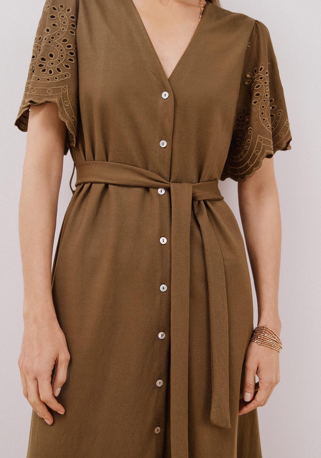 Cortefiel Embroidered Dress With Sleeves - Light Khaki 4 Shaws Department Stores