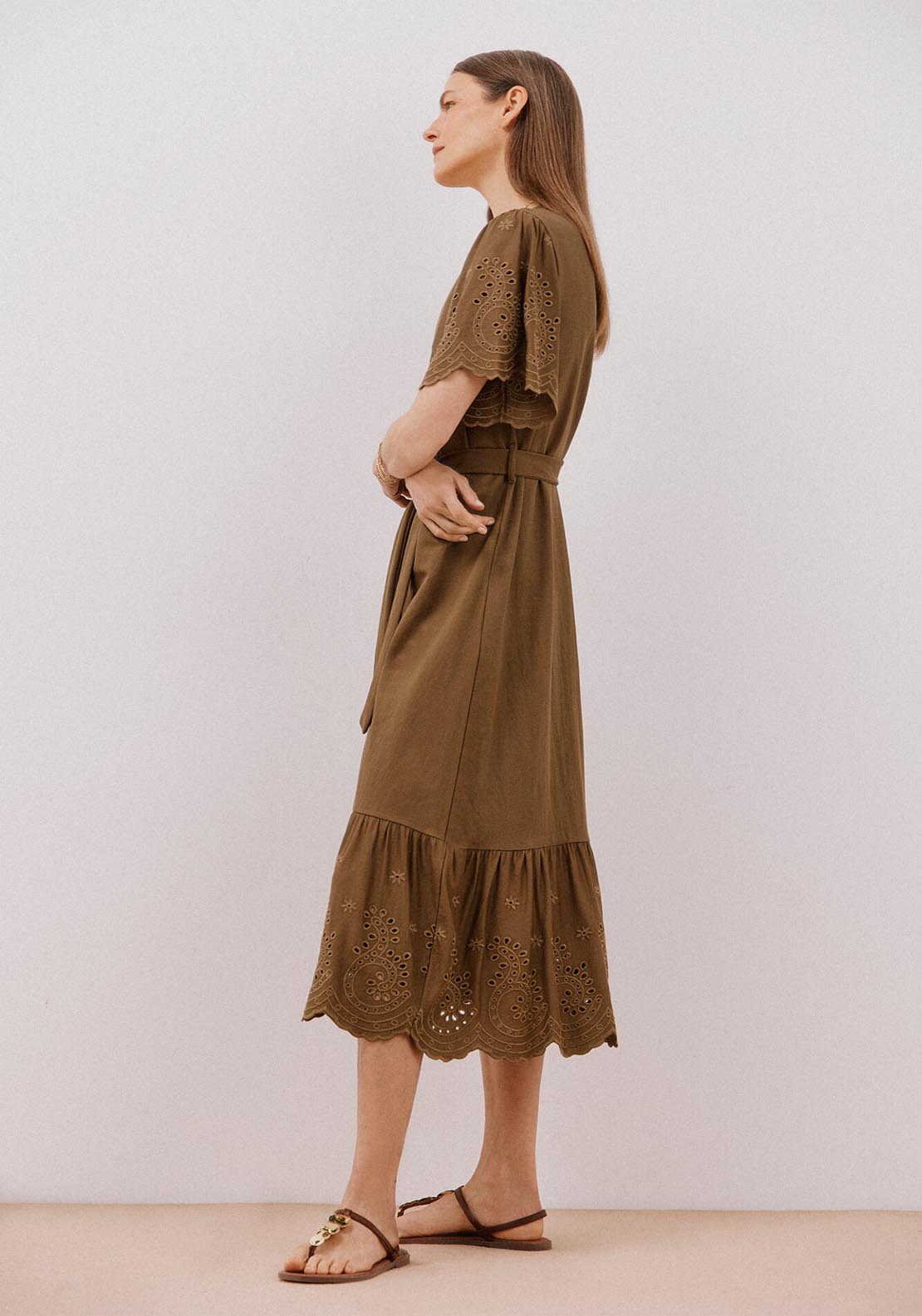 Cortefiel Embroidered Dress With Sleeves - Light Khaki 5 Shaws Department Stores