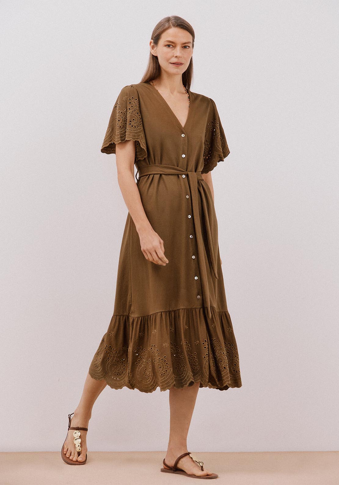 Cortefiel Embroidered Dress With Sleeves - Light Khaki 1 Shaws Department Stores